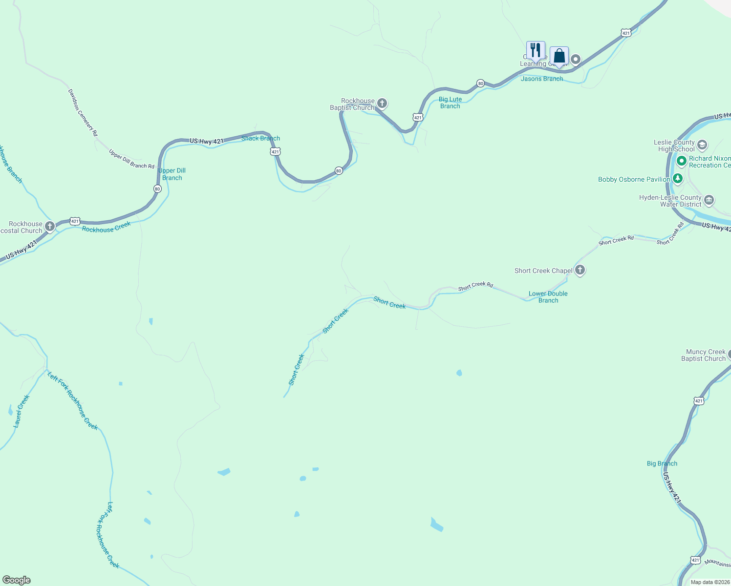 map of restaurants, bars, coffee shops, grocery stores, and more near Short Creek Road in Hyden