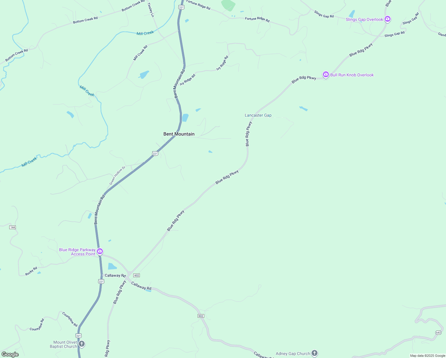 map of restaurants, bars, coffee shops, grocery stores, and more near Blue Ridge Parkway in Bent Mountain