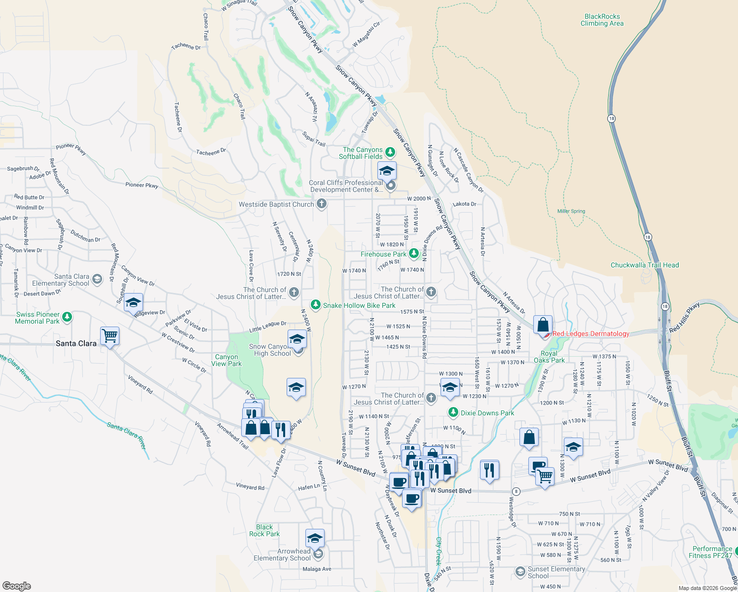map of restaurants, bars, coffee shops, grocery stores, and more near 1628 North 2130 West in St. George