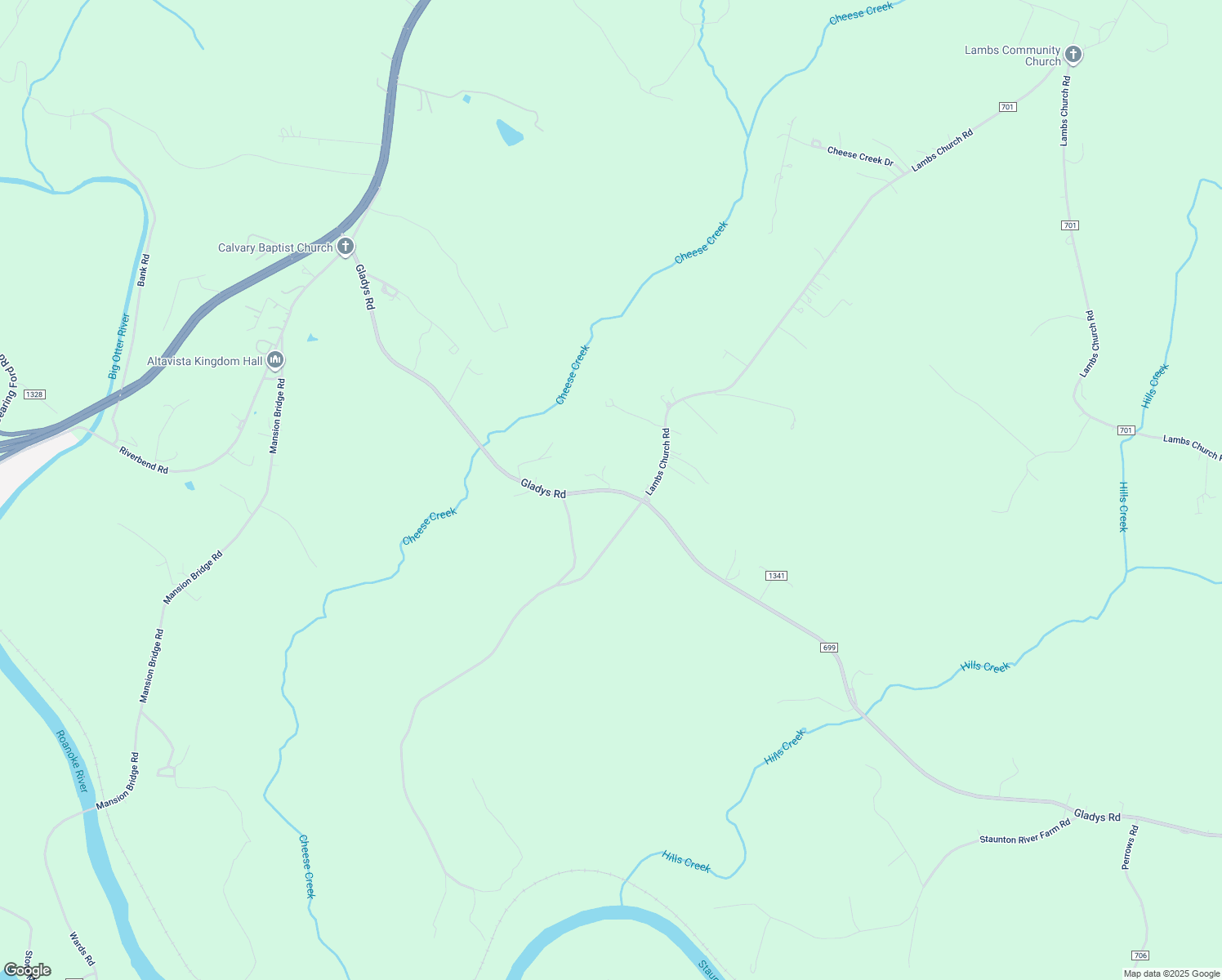 map of restaurants, bars, coffee shops, grocery stores, and more near 7767 Gladys Road in Altavista