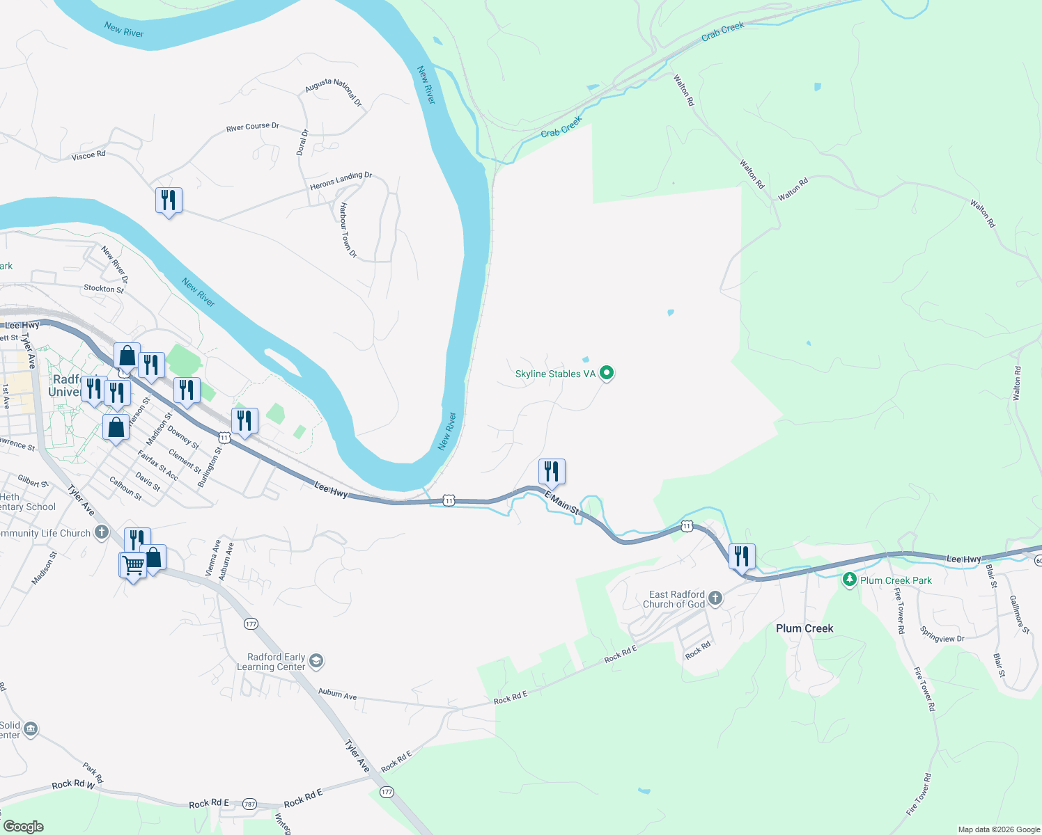 map of restaurants, bars, coffee shops, grocery stores, and more near 101-105 Vista Ridge in Radford
