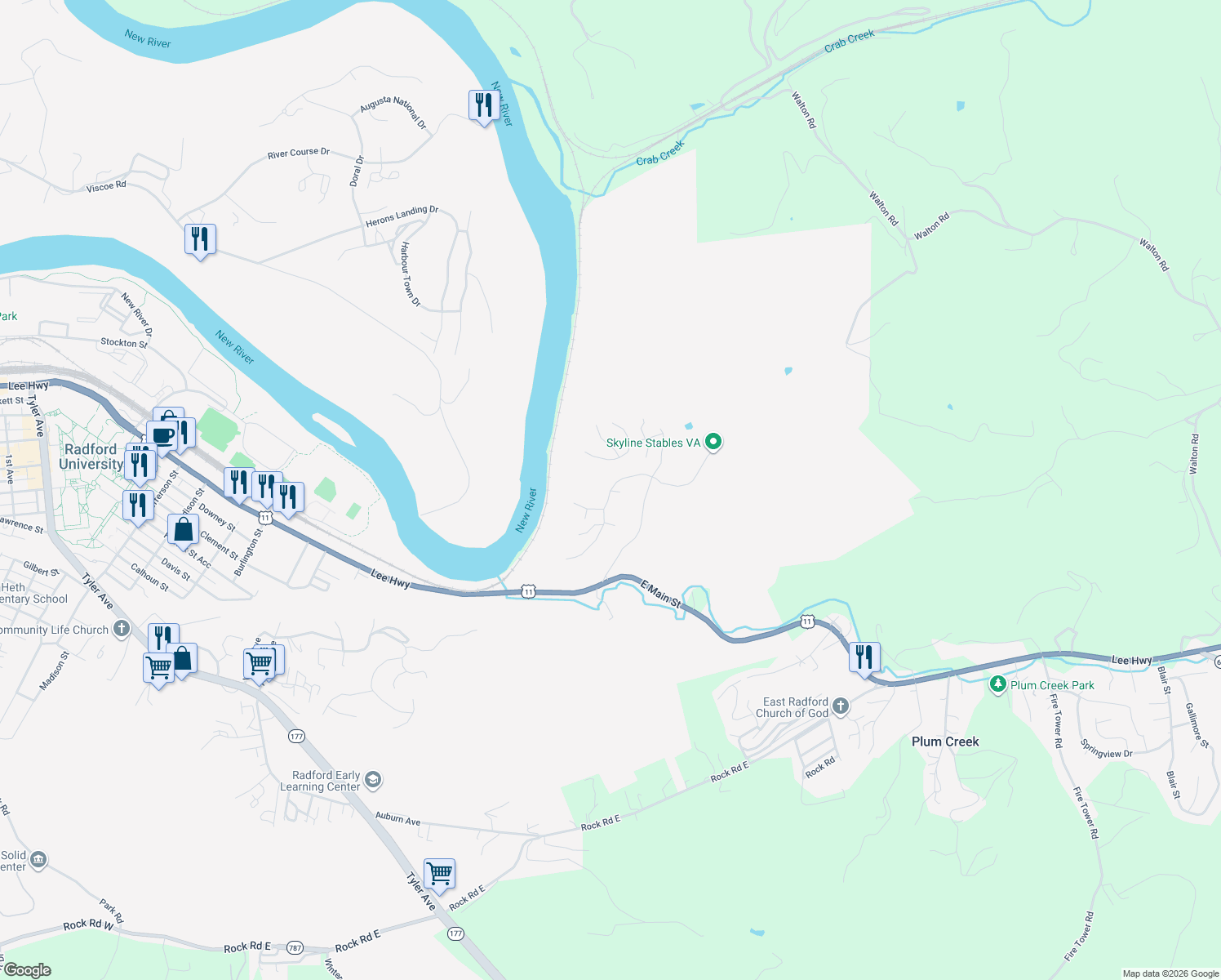 map of restaurants, bars, coffee shops, grocery stores, and more near 105 Vista Ridge in Radford