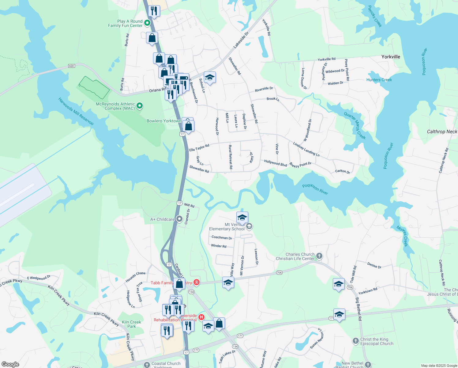 map of restaurants, bars, coffee shops, grocery stores, and more near 121 Beecham Drive in Yorktown
