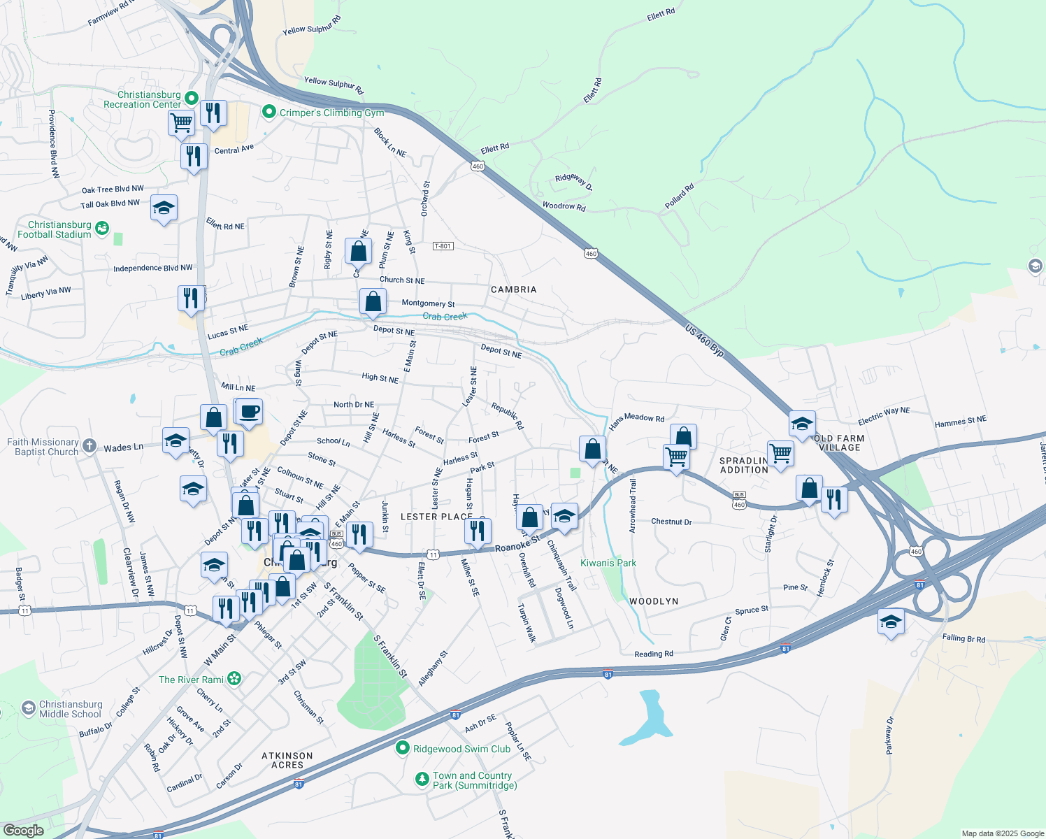 map of restaurants, bars, coffee shops, grocery stores, and more near 535 Republic Road in Christiansburg