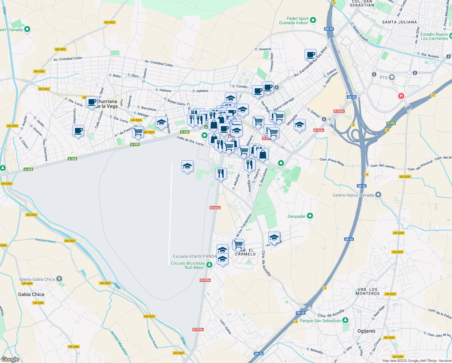 map of restaurants, bars, coffee shops, grocery stores, and more near 5 Calle Nogal in Armilla
