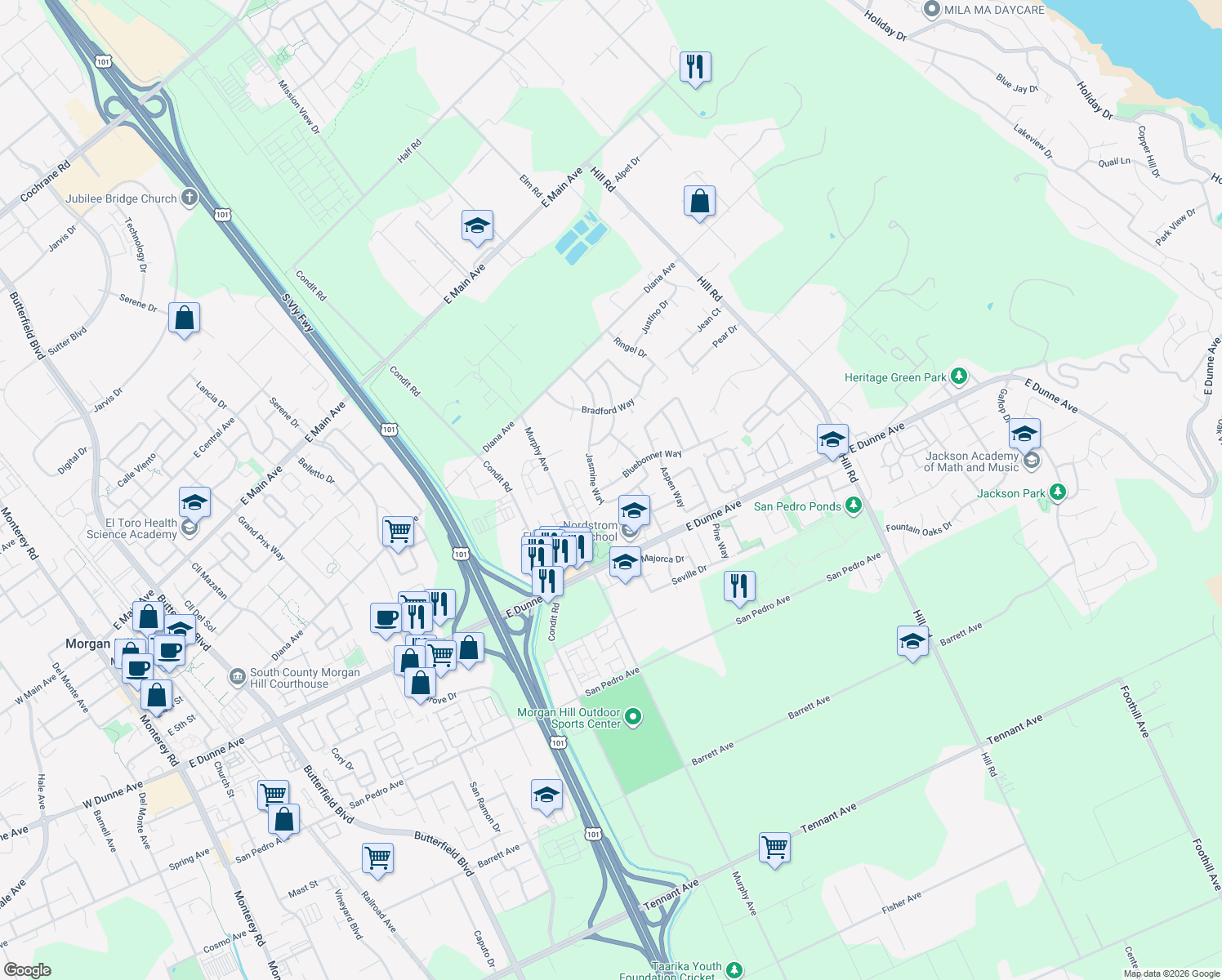 map of restaurants, bars, coffee shops, grocery stores, and more near 1430 Bluebonnet Way in Morgan Hill