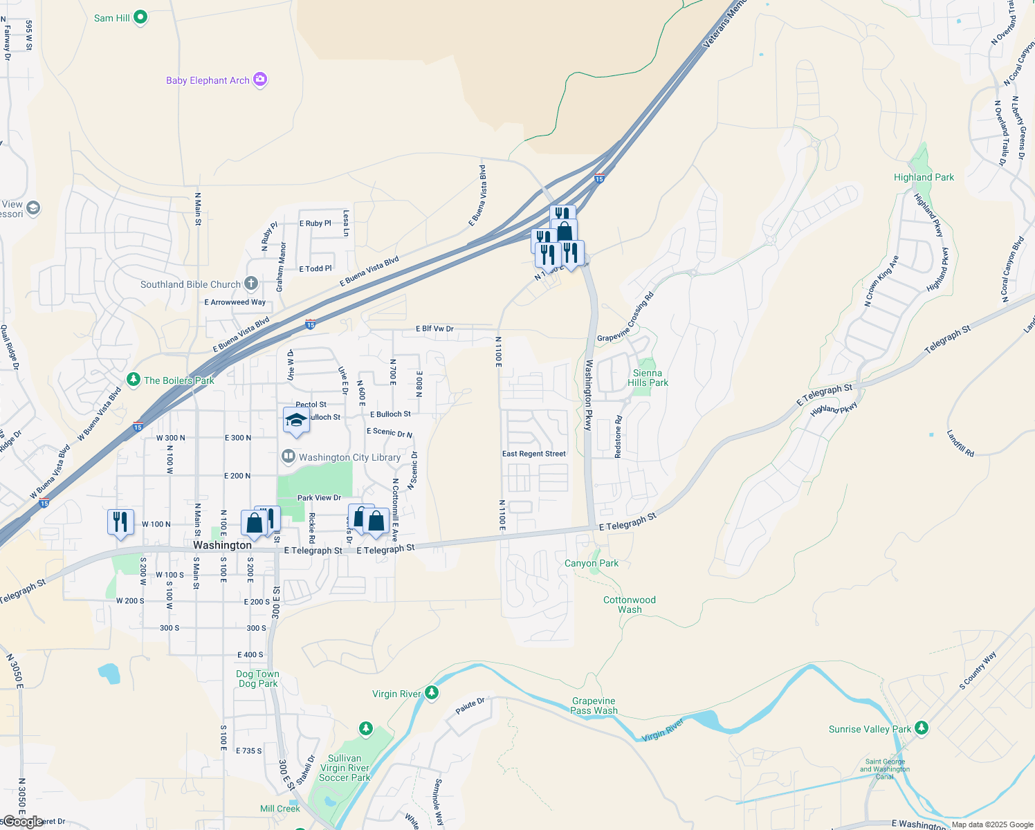 map of restaurants, bars, coffee shops, grocery stores, and more near 1160 E Pine Valley St in Washington