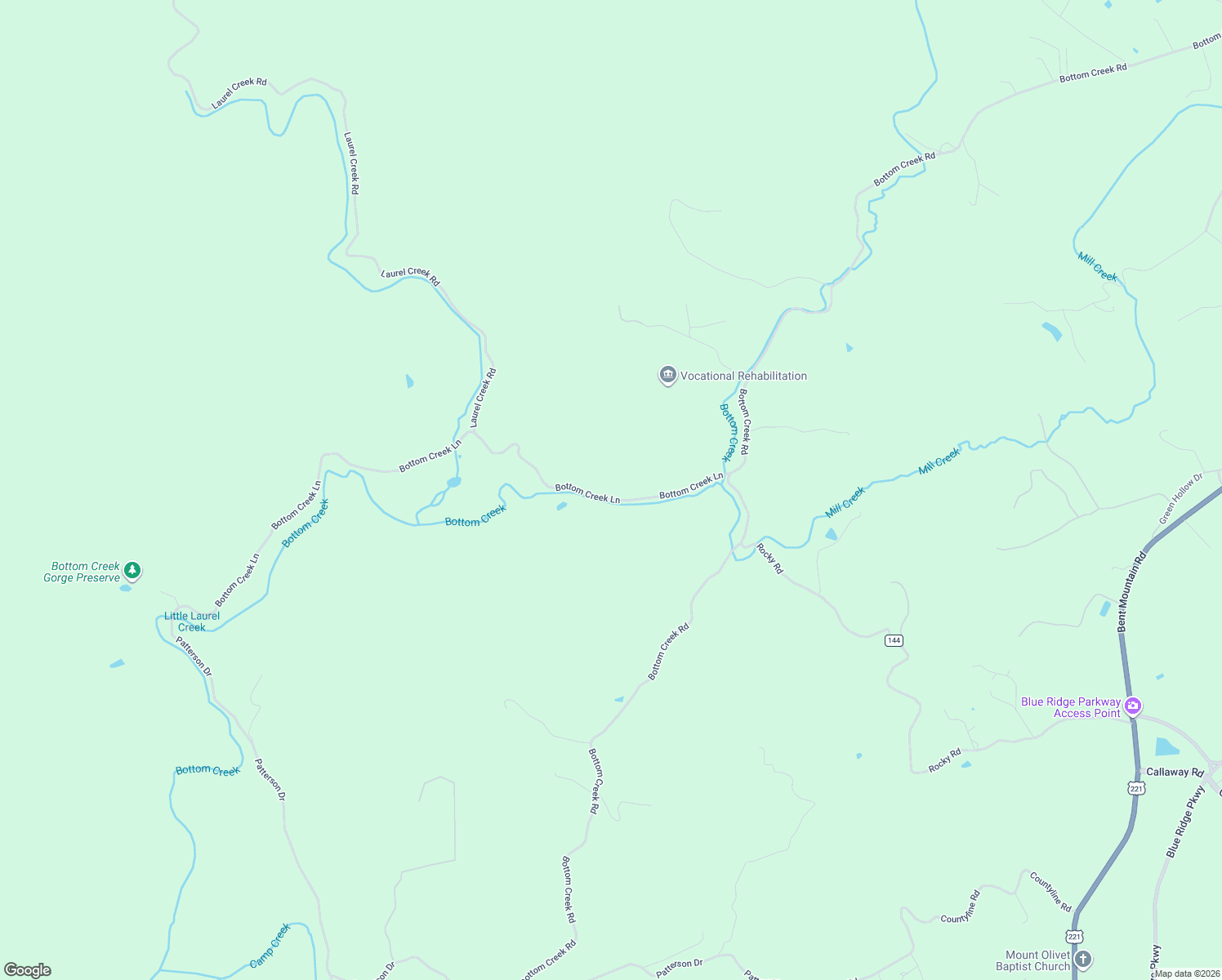 map of restaurants, bars, coffee shops, grocery stores, and more near 1447 Bottom Creek Lane in Bent Mountain
