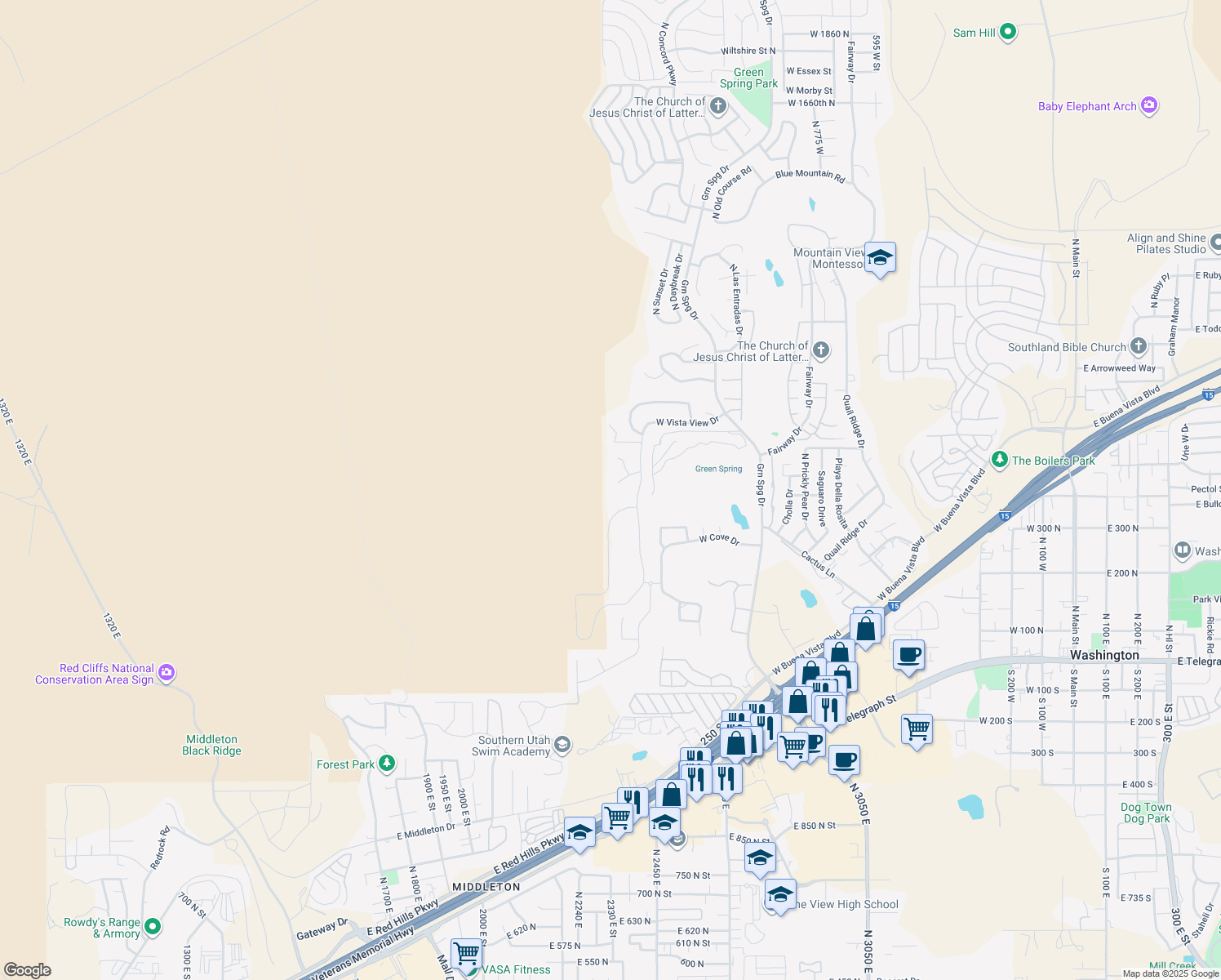 map of restaurants, bars, coffee shops, grocery stores, and more near 1445 West Grande Circle in Washington