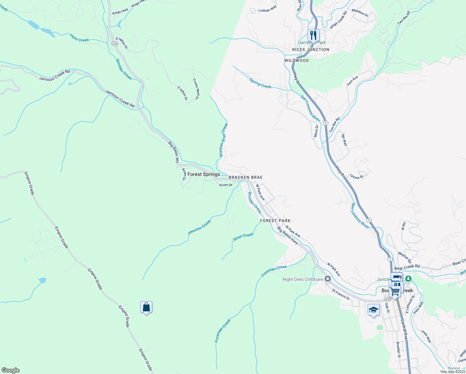 map of restaurants, bars, coffee shops, grocery stores, and more near 141 Acorn Drive in Boulder Creek