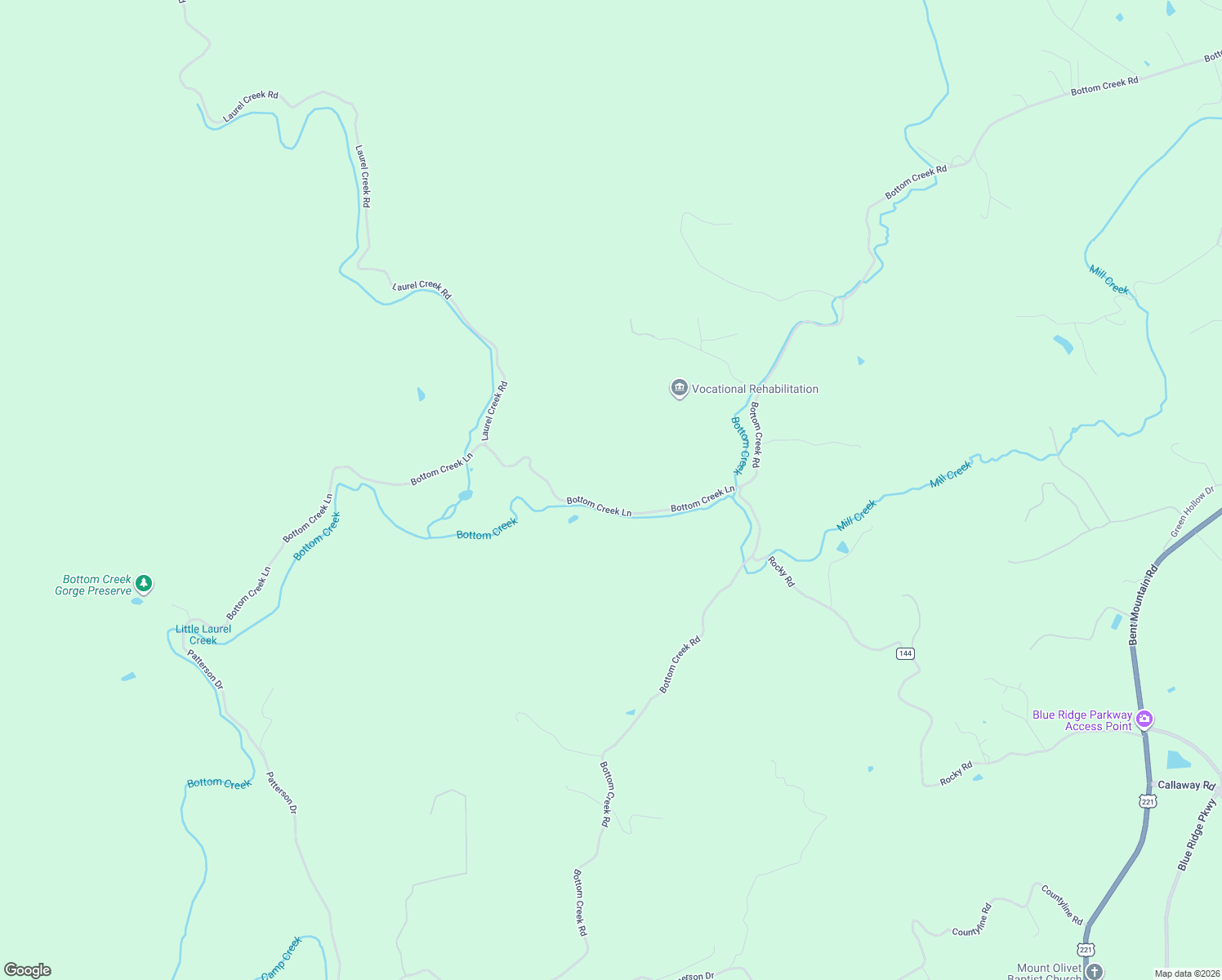 map of restaurants, bars, coffee shops, grocery stores, and more near 1447 Bottom Creek Lane in Bent Mountain