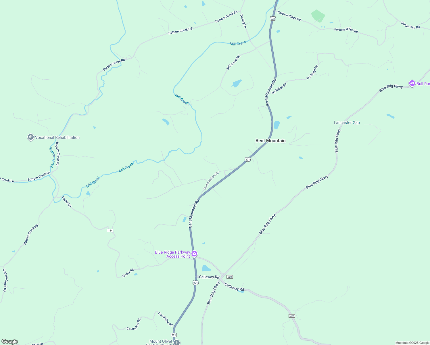 map of restaurants, bars, coffee shops, grocery stores, and more near 10585 Green Hollow Drive in Bent Mountain