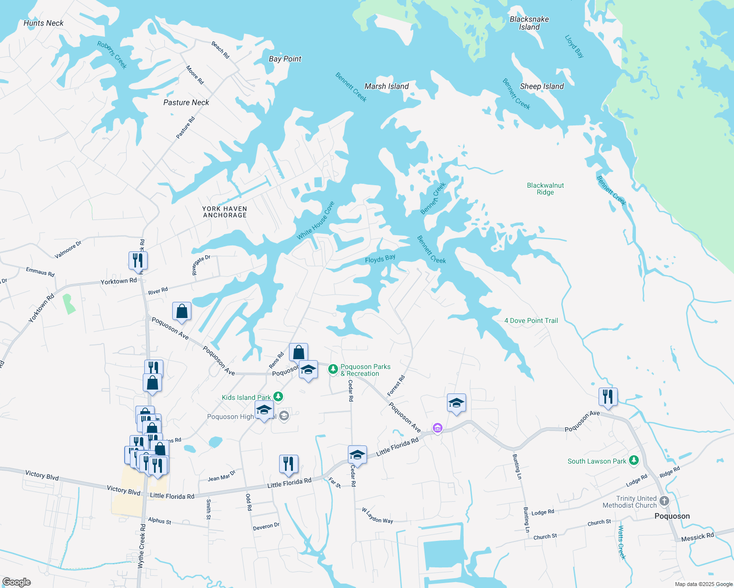 map of restaurants, bars, coffee shops, grocery stores, and more near 22 Lessie's Drive in Poquoson