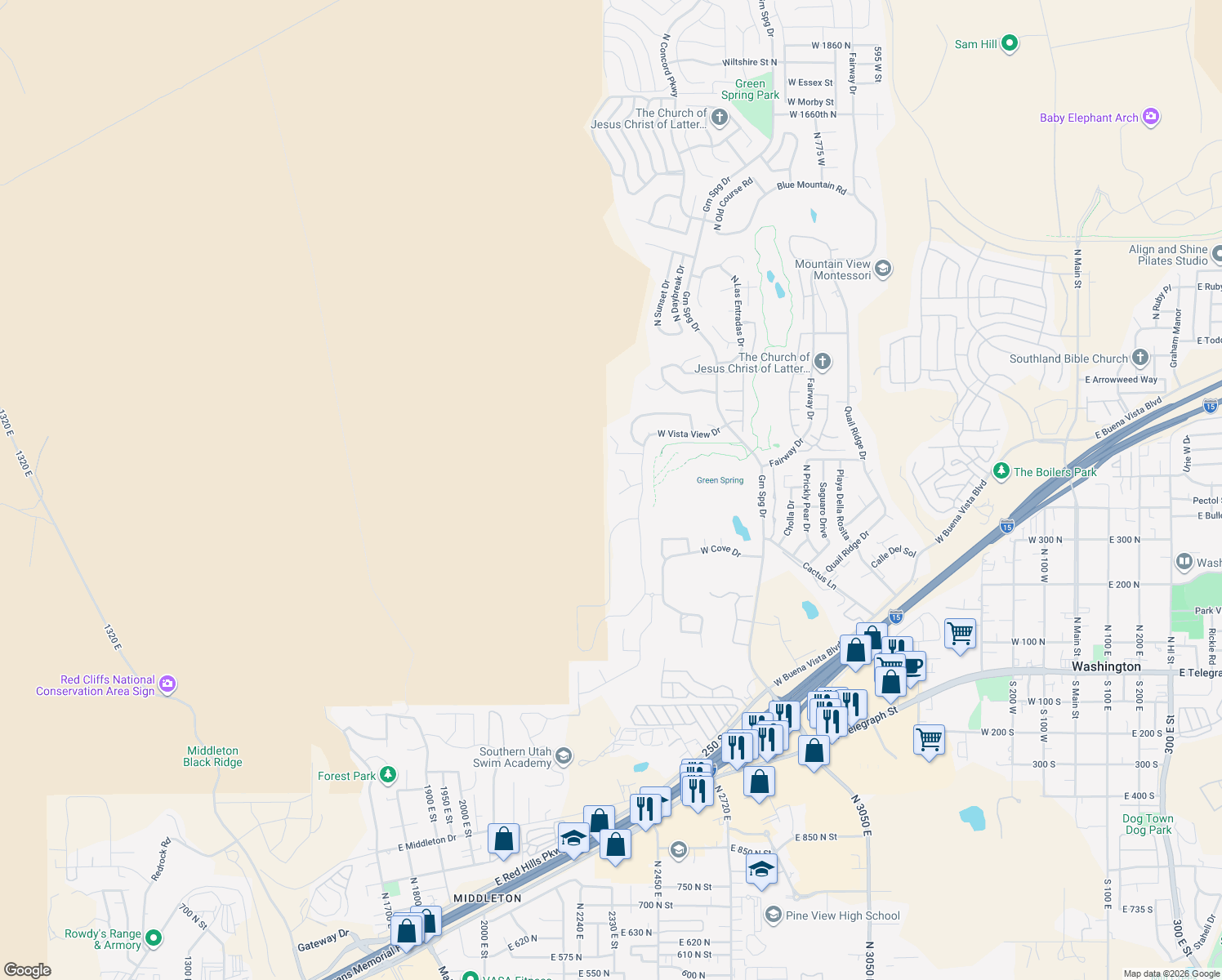 map of restaurants, bars, coffee shops, grocery stores, and more near 1442 West Grande Circle in Washington