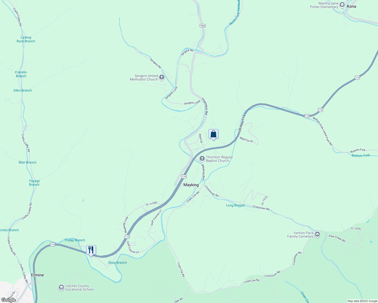 map of restaurants, bars, coffee shops, grocery stores, and more near 401 Thornton Road in Whitesburg