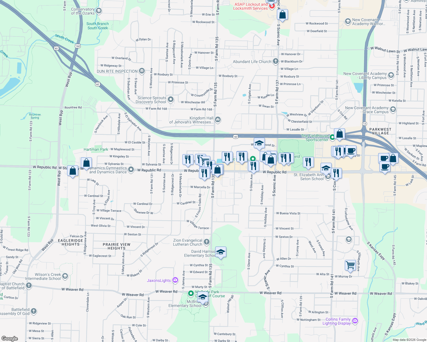 map of restaurants, bars, coffee shops, grocery stores, and more near 4200 South Golden Avenue in Springfield