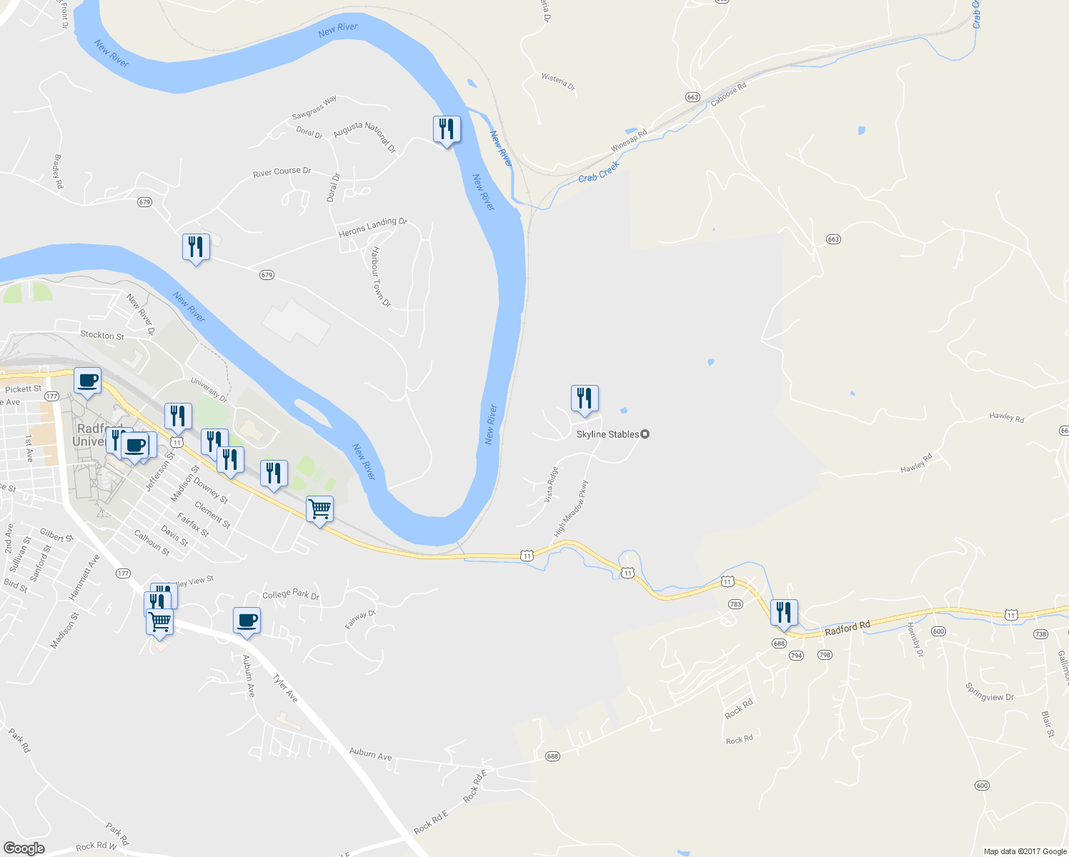 map of restaurants, bars, coffee shops, grocery stores, and more near 516 Meadow Ridge in Radford