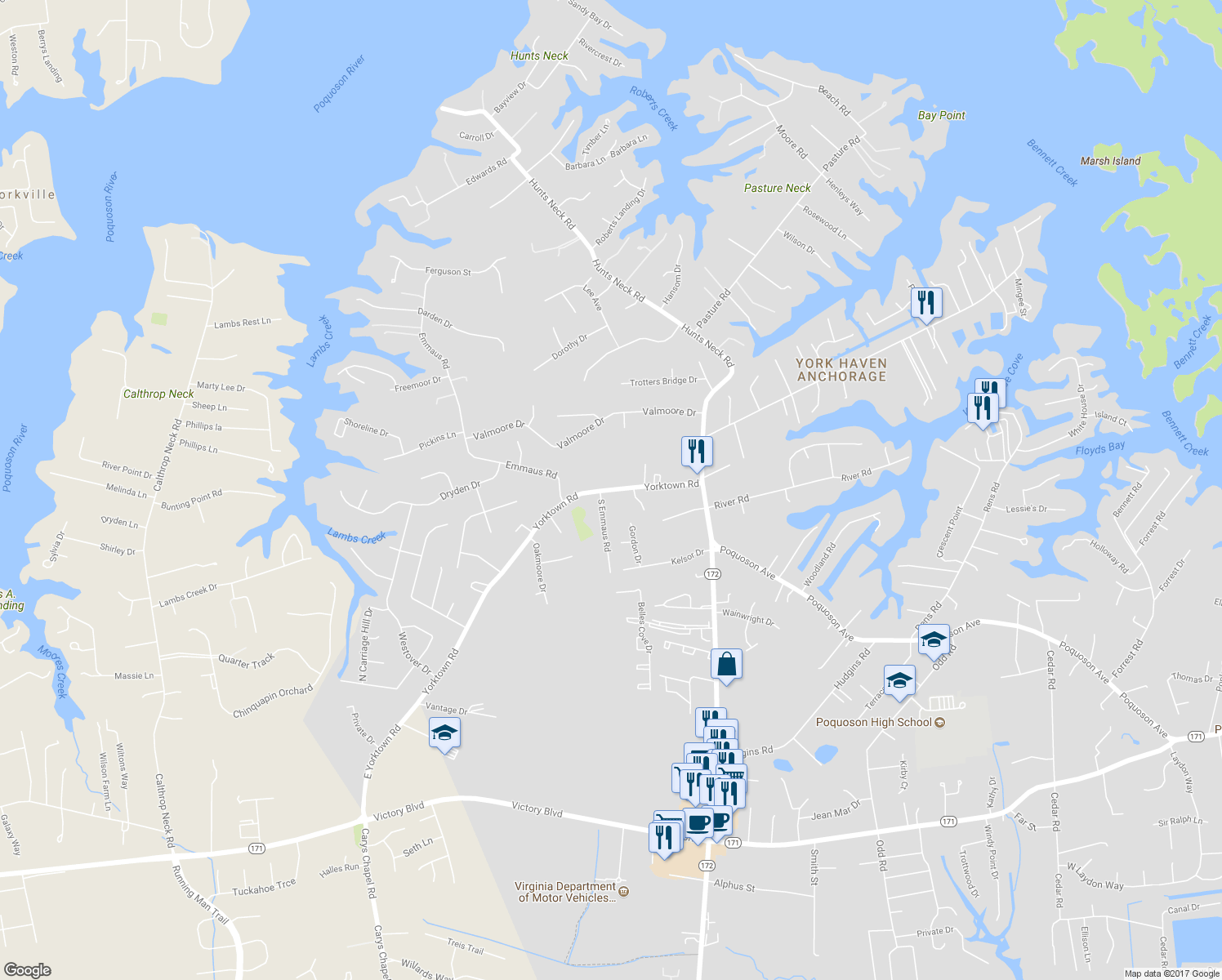 map of restaurants, bars, coffee shops, grocery stores, and more near 844 Yorktown Road in Poquoson