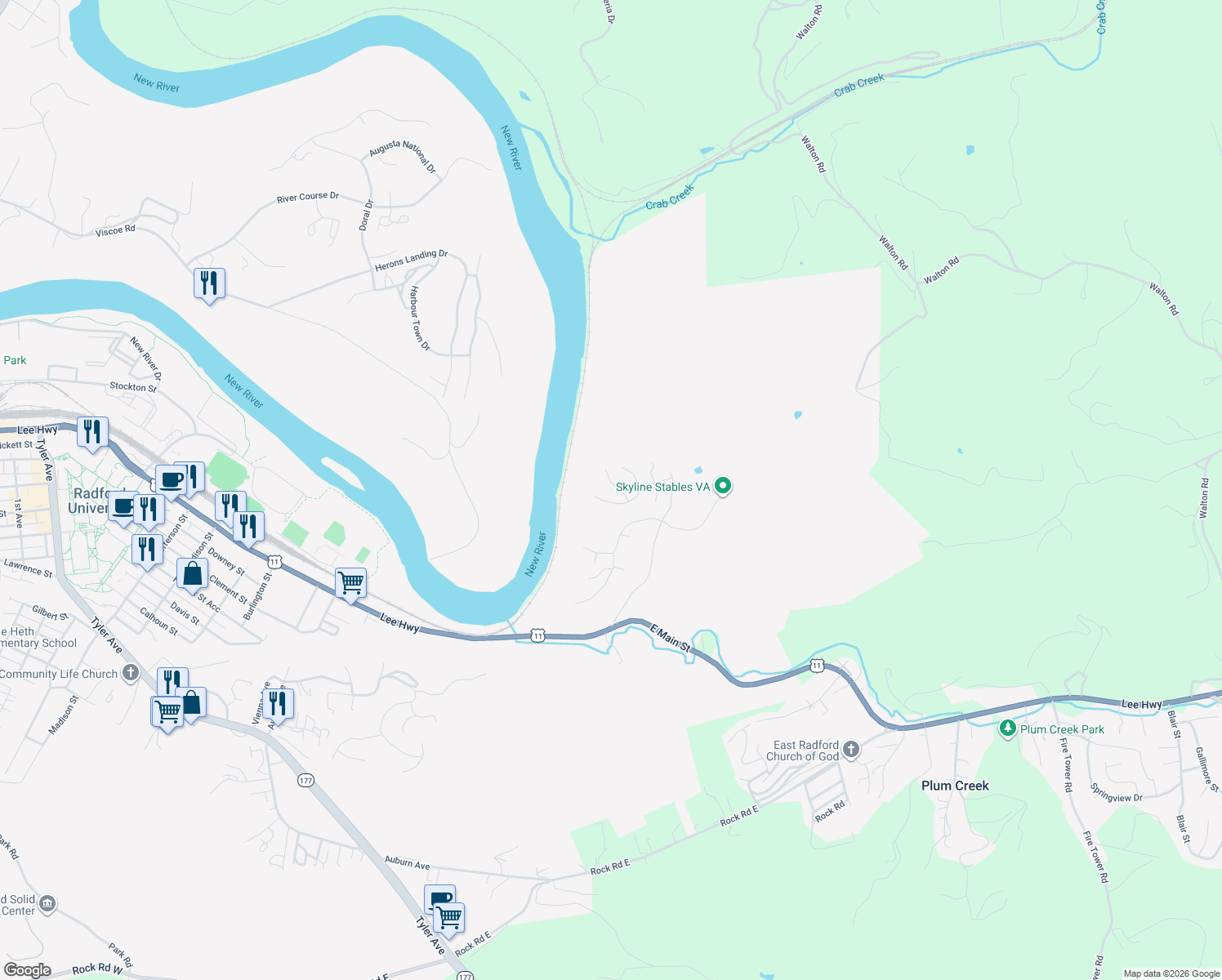 map of restaurants, bars, coffee shops, grocery stores, and more near 516 Meadow Ridge in Radford