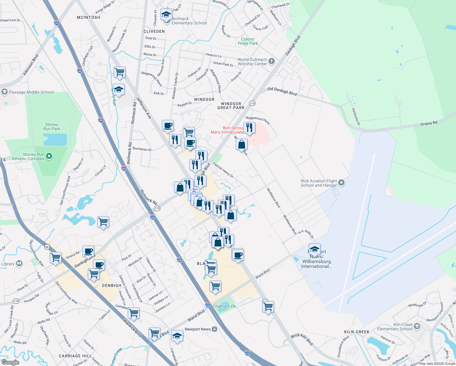 map of restaurants, bars, coffee shops, grocery stores, and more near 12888 Daybreak Circle in Newport News