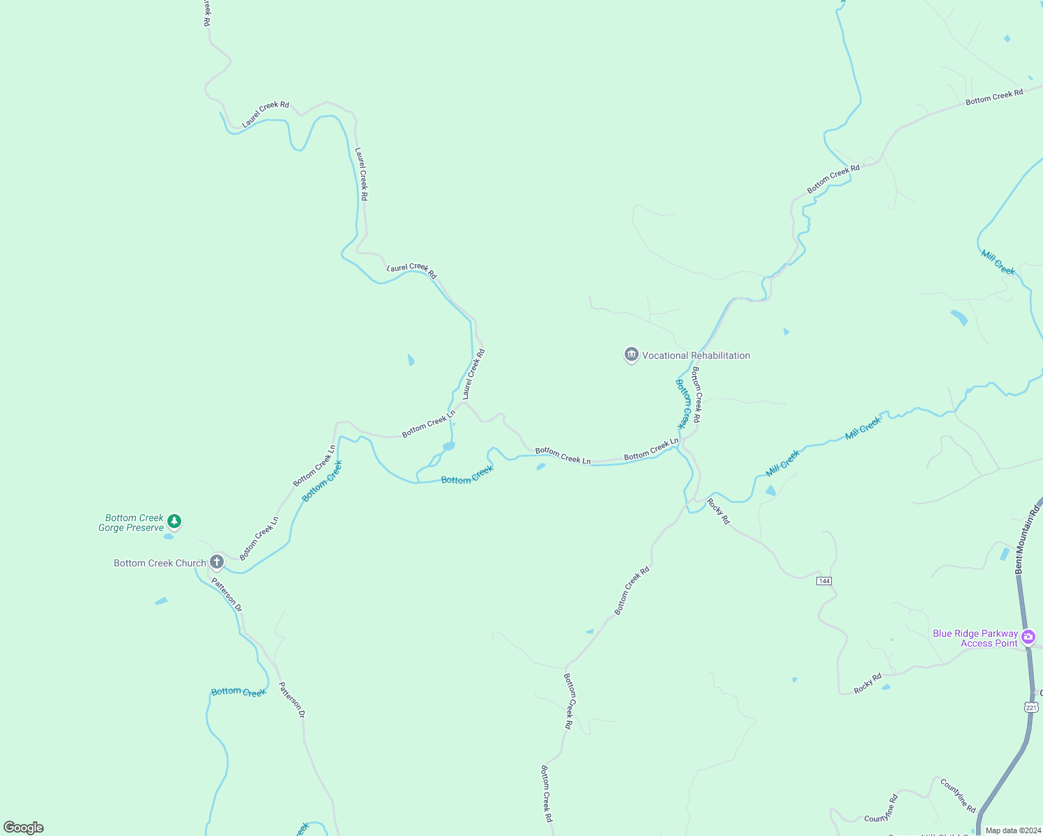 map of restaurants, bars, coffee shops, grocery stores, and more near 1345 Bottom Creek Lane in Bent Mountain