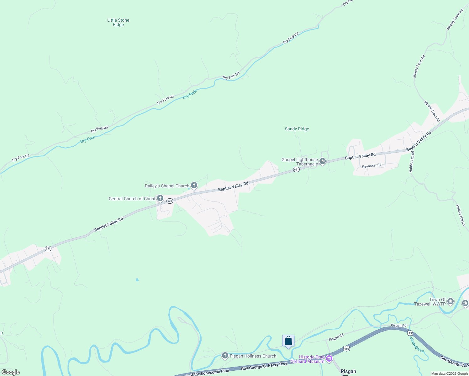 map of restaurants, bars, coffee shops, grocery stores, and more near 6364 Baptist Valley Road in Tazewell County