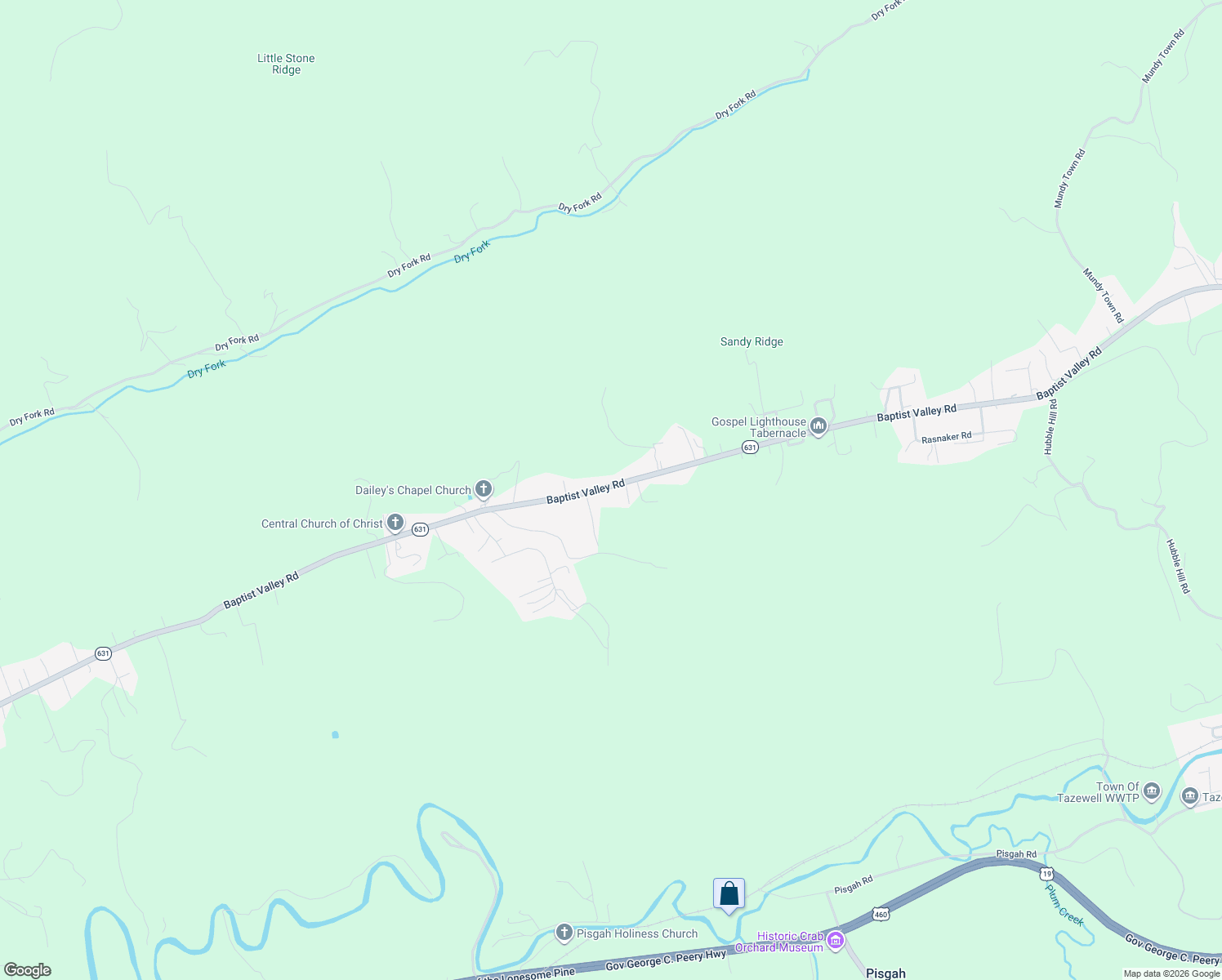 map of restaurants, bars, coffee shops, grocery stores, and more near 6364 Baptist Valley Road in Tazewell