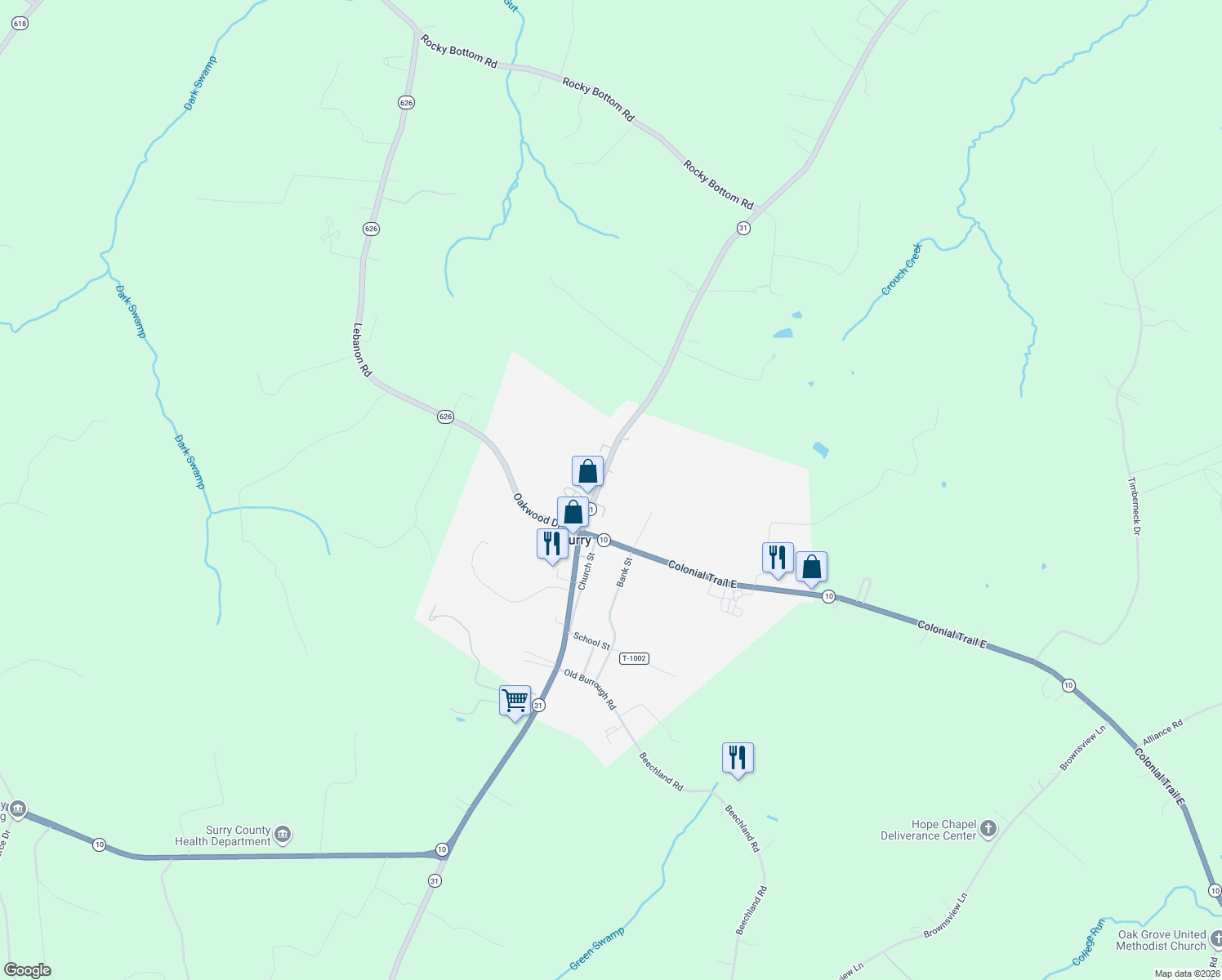 map of restaurants, bars, coffee shops, grocery stores, and more near 12144 Rolfe Highway in Surry
