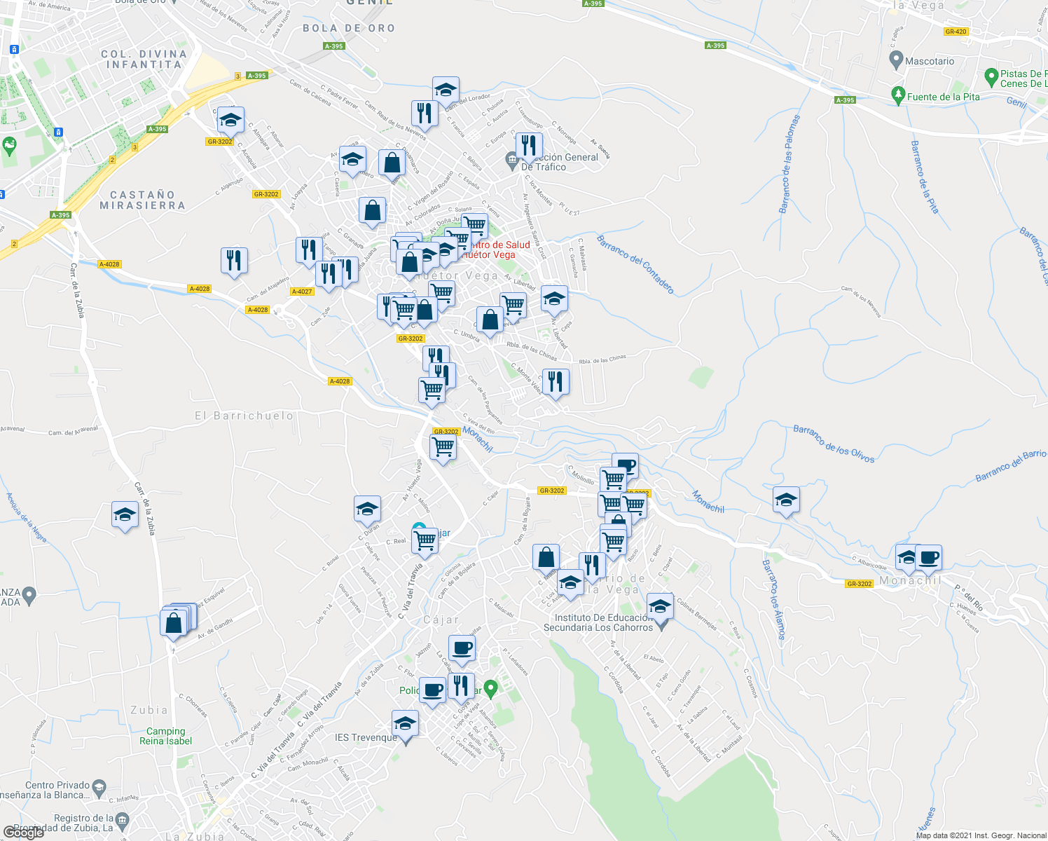 map of restaurants, bars, coffee shops, grocery stores, and more near 40 Cuesta de las Cabras in Huétor Vega