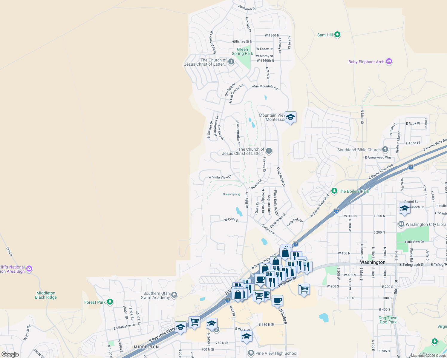 map of restaurants, bars, coffee shops, grocery stores, and more near 1185 West Vista View Drive in Washington