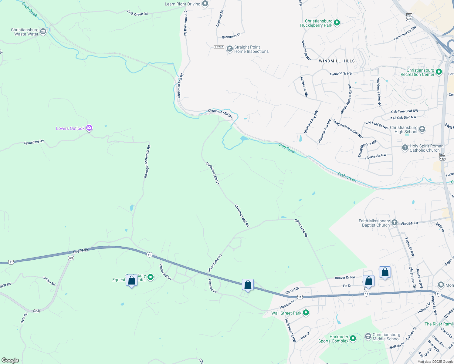map of restaurants, bars, coffee shops, grocery stores, and more near 1482 Chrisman Mill Road in Christiansburg