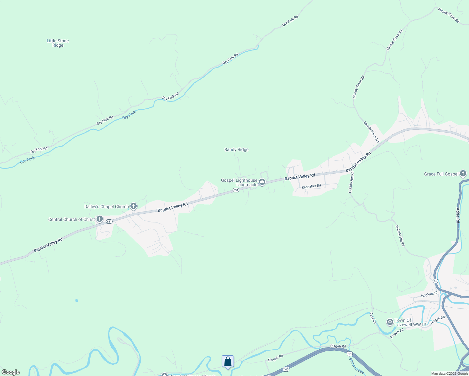 map of restaurants, bars, coffee shops, grocery stores, and more near 6813 Baptist Valley Road in Tazewell County