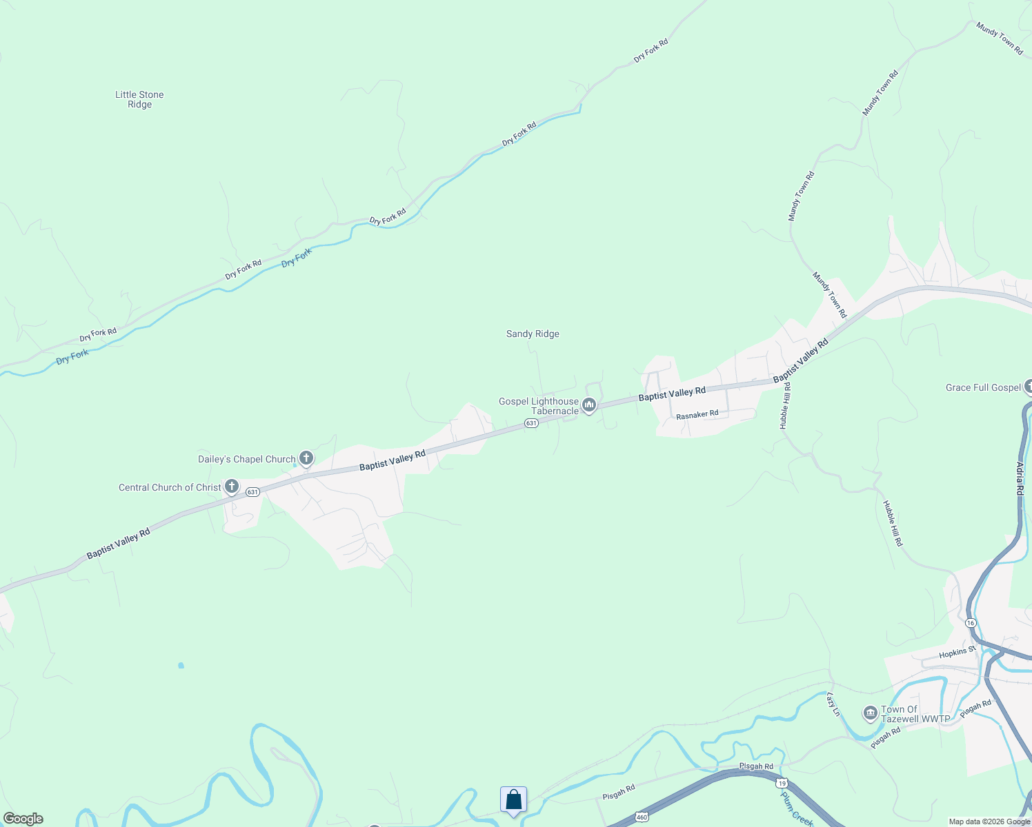 map of restaurants, bars, coffee shops, grocery stores, and more near 6813 Baptist Valley Road in Tazewell County