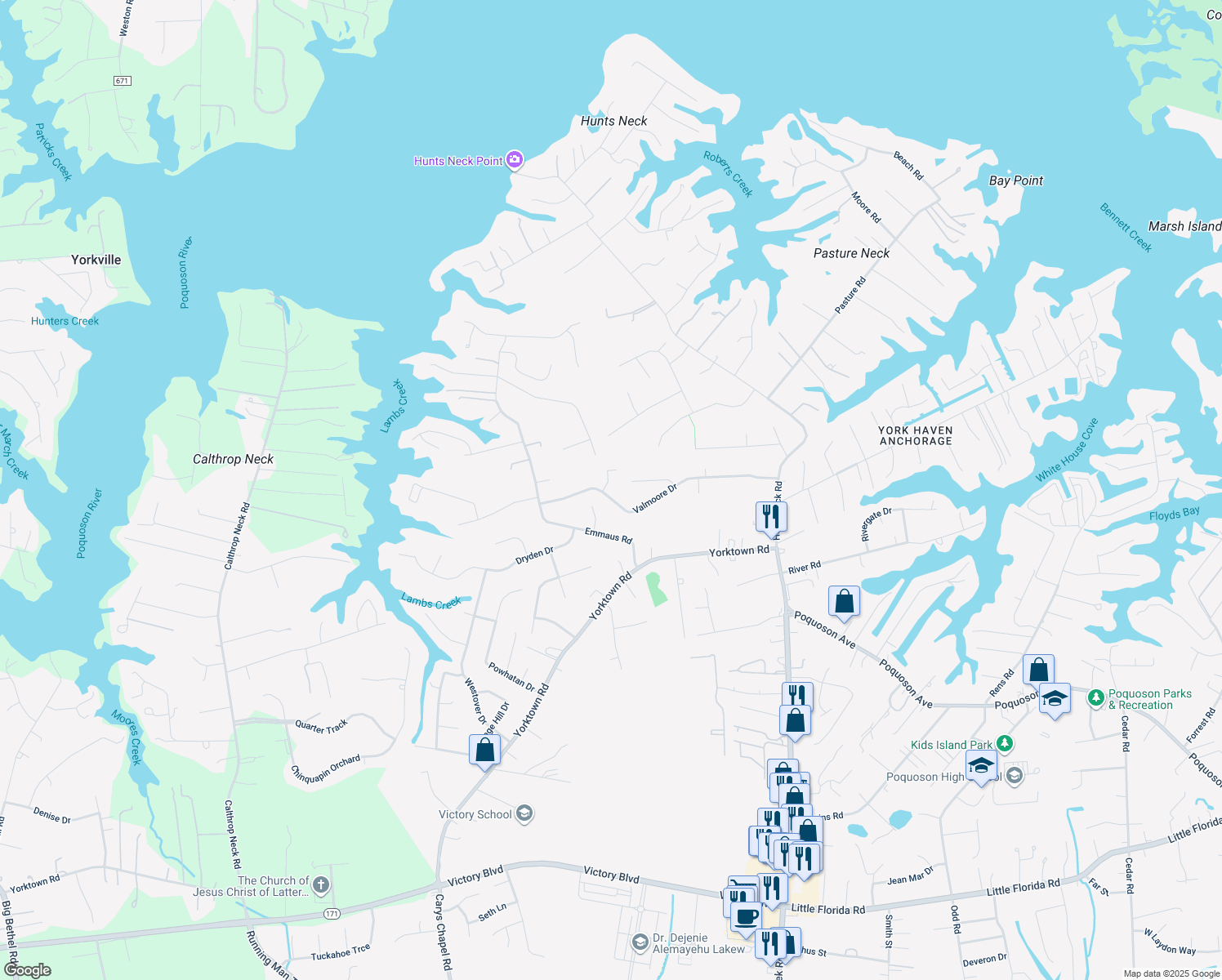 map of restaurants, bars, coffee shops, grocery stores, and more near 40 Valmoore Drive in Poquoson
