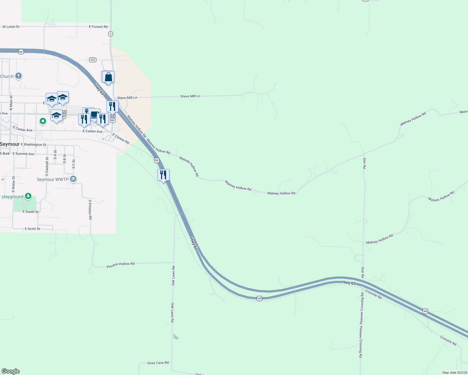 map of restaurants, bars, coffee shops, grocery stores, and more near 1059 Matney Hollow Road in Seymour