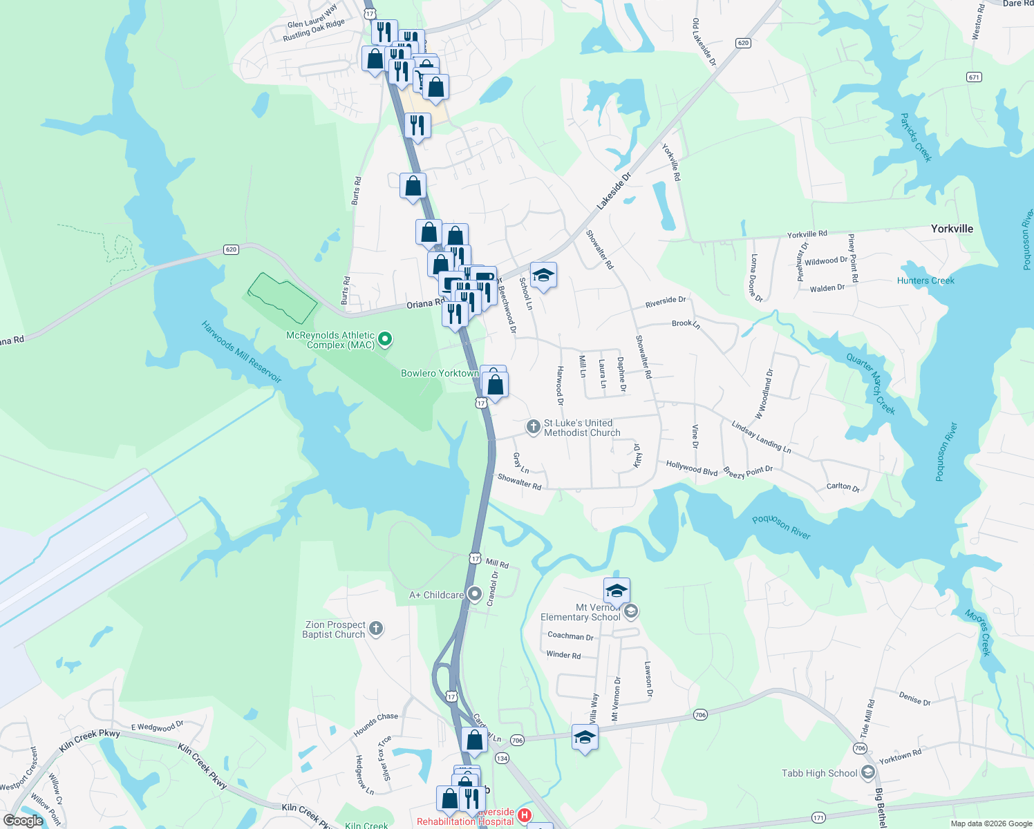 map of restaurants, bars, coffee shops, grocery stores, and more near 102 Kimberly Court in Yorktown