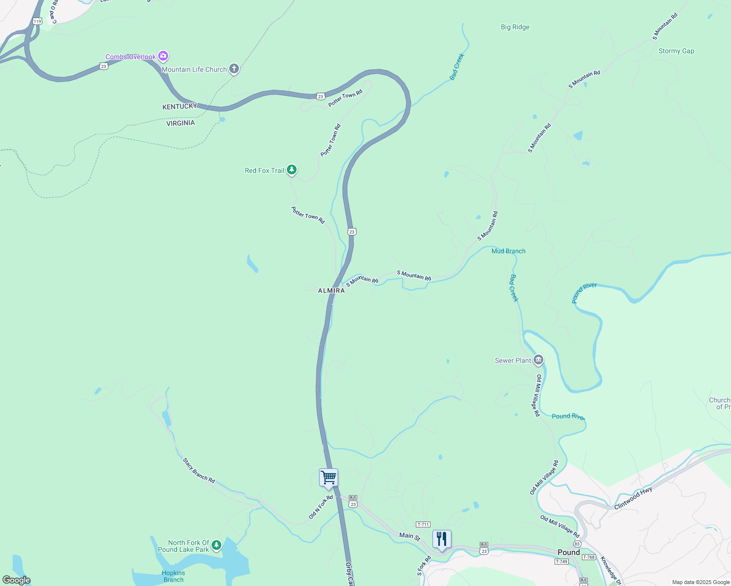 map of restaurants, bars, coffee shops, grocery stores, and more near 7946 South Mountain Road in Pound