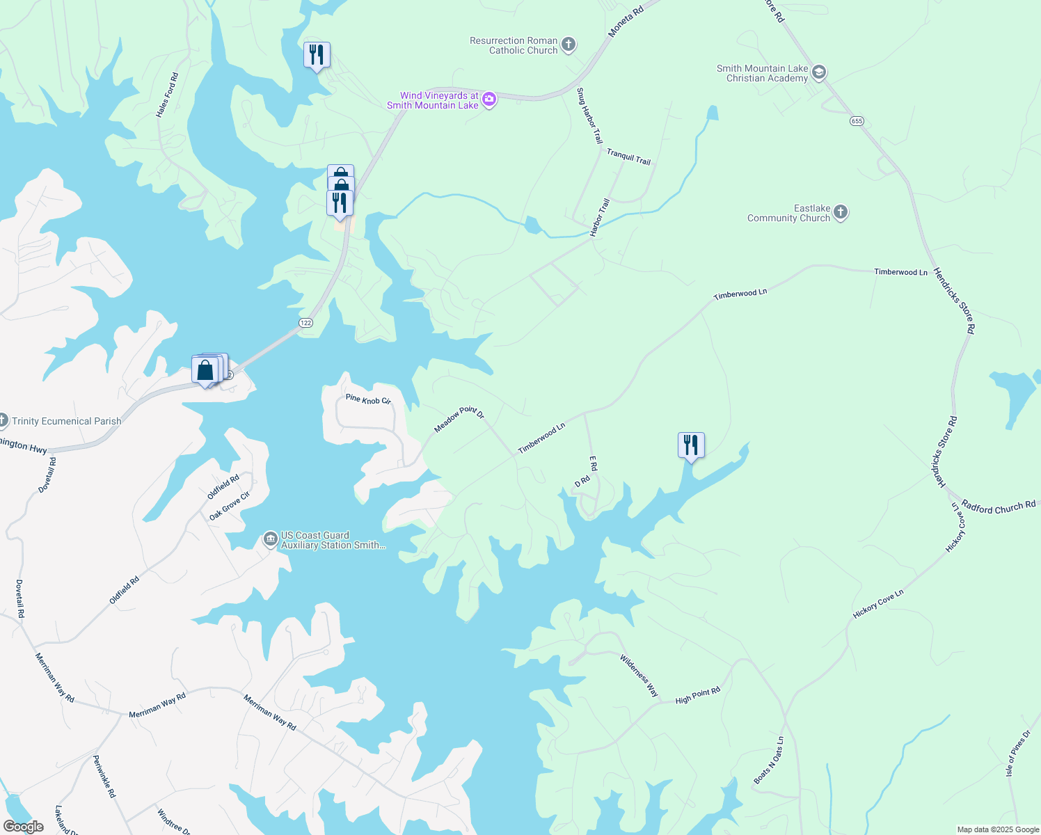 map of restaurants, bars, coffee shops, grocery stores, and more near 301 Oak Hollow Road in Moneta