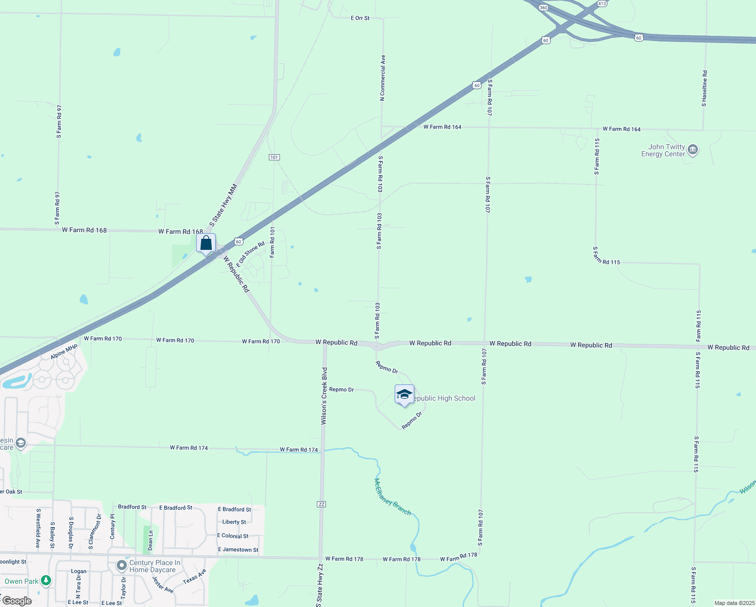 map of restaurants, bars, coffee shops, grocery stores, and more near 4028 South Farm Road 103 in Greene