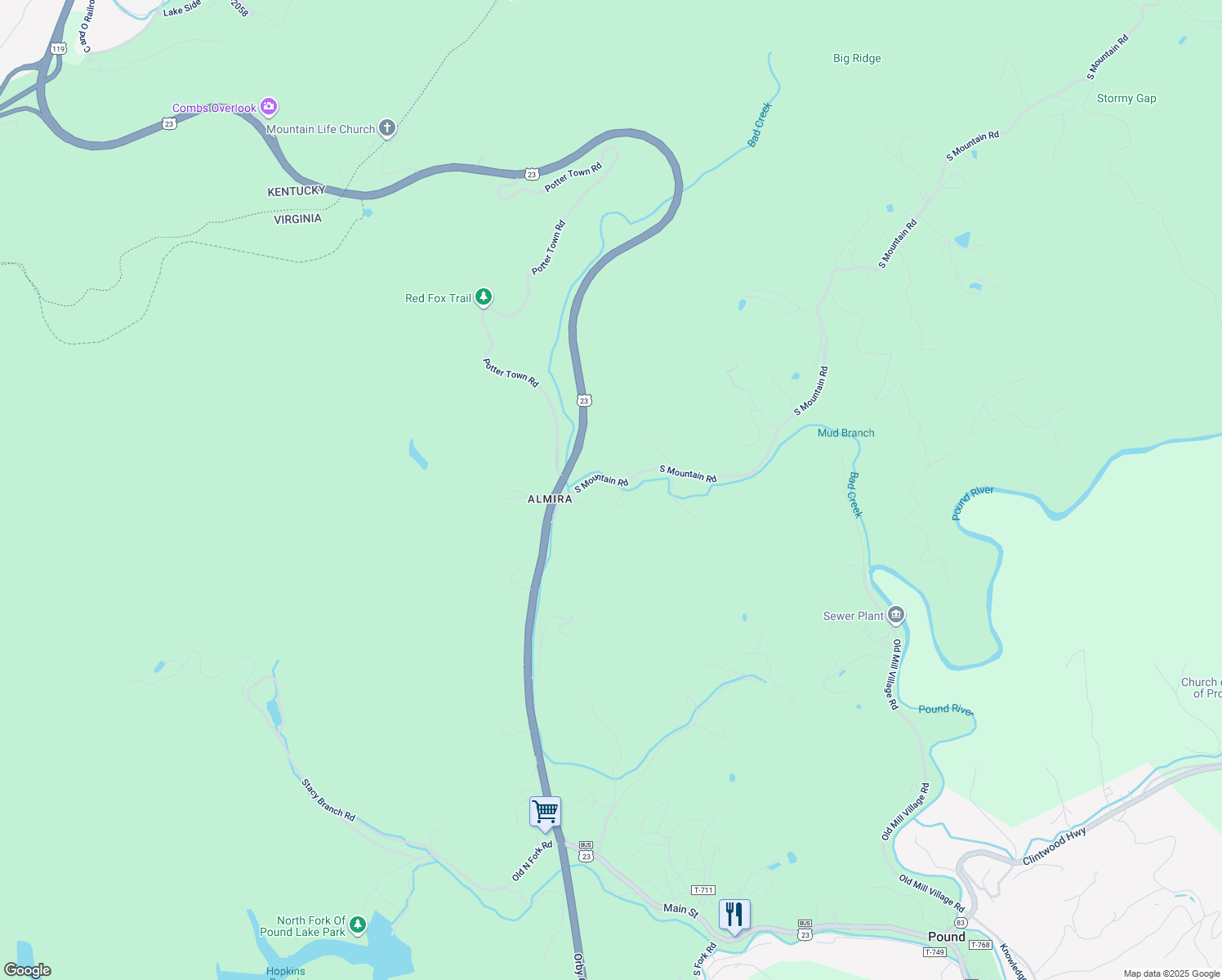 map of restaurants, bars, coffee shops, grocery stores, and more near 7946 South Mountain Road in Pound