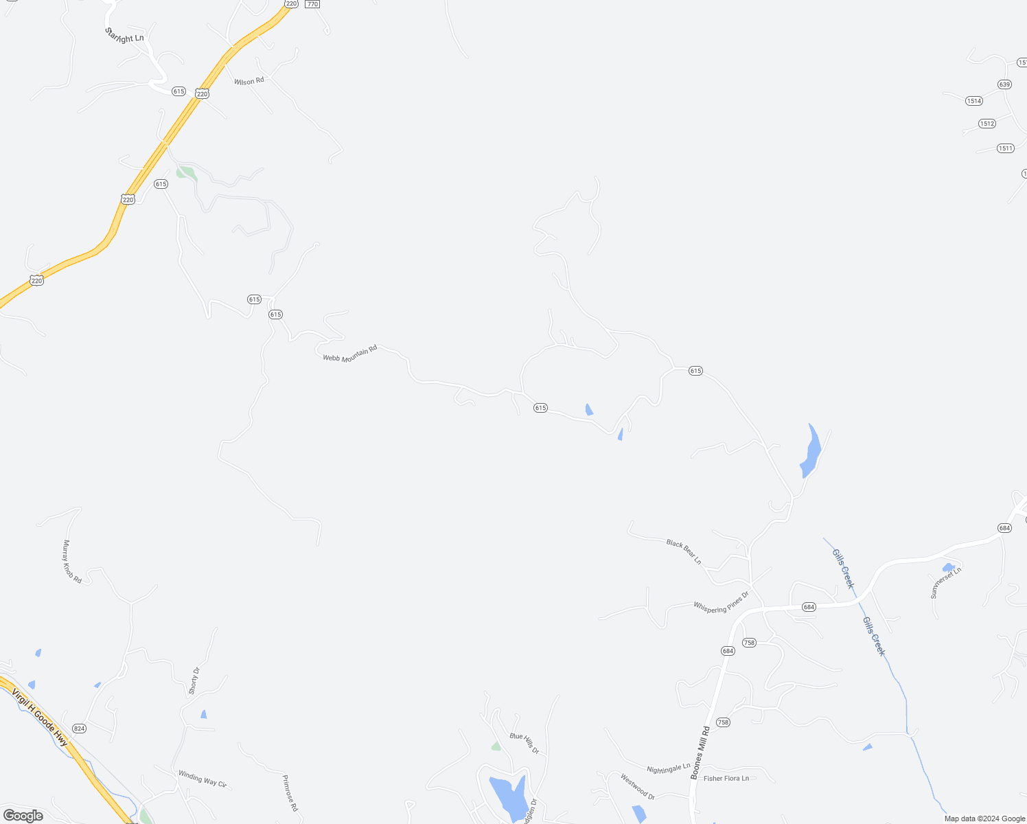 map of restaurants, bars, coffee shops, grocery stores, and more near 1665 Webb Mountain Road in Boones Mill