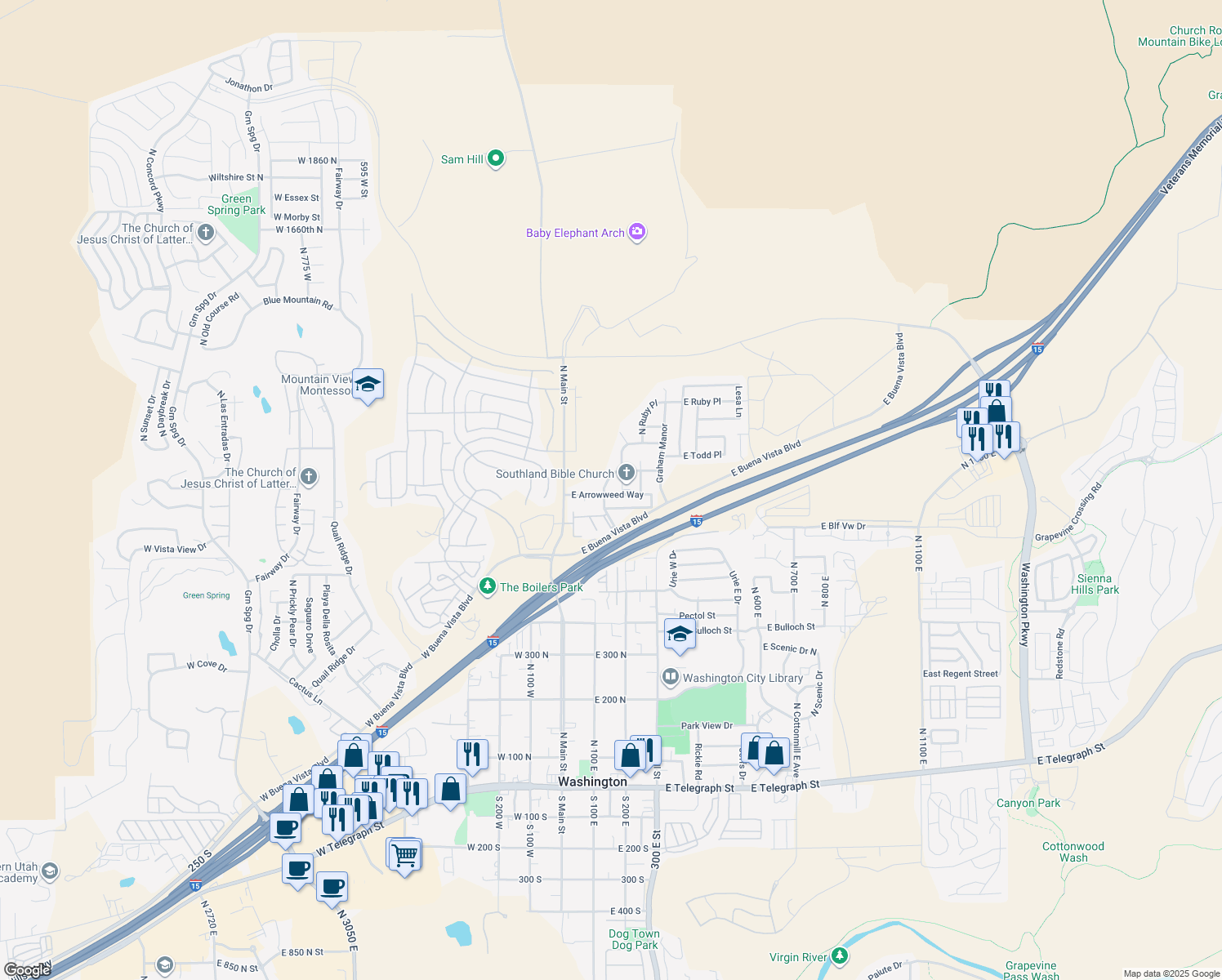 map of restaurants, bars, coffee shops, grocery stores, and more near 147 East Arrowweed Way in Washington