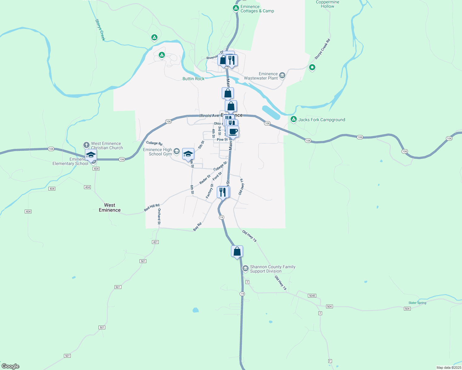 map of restaurants, bars, coffee shops, grocery stores, and more near 103 Main Street in Eminence