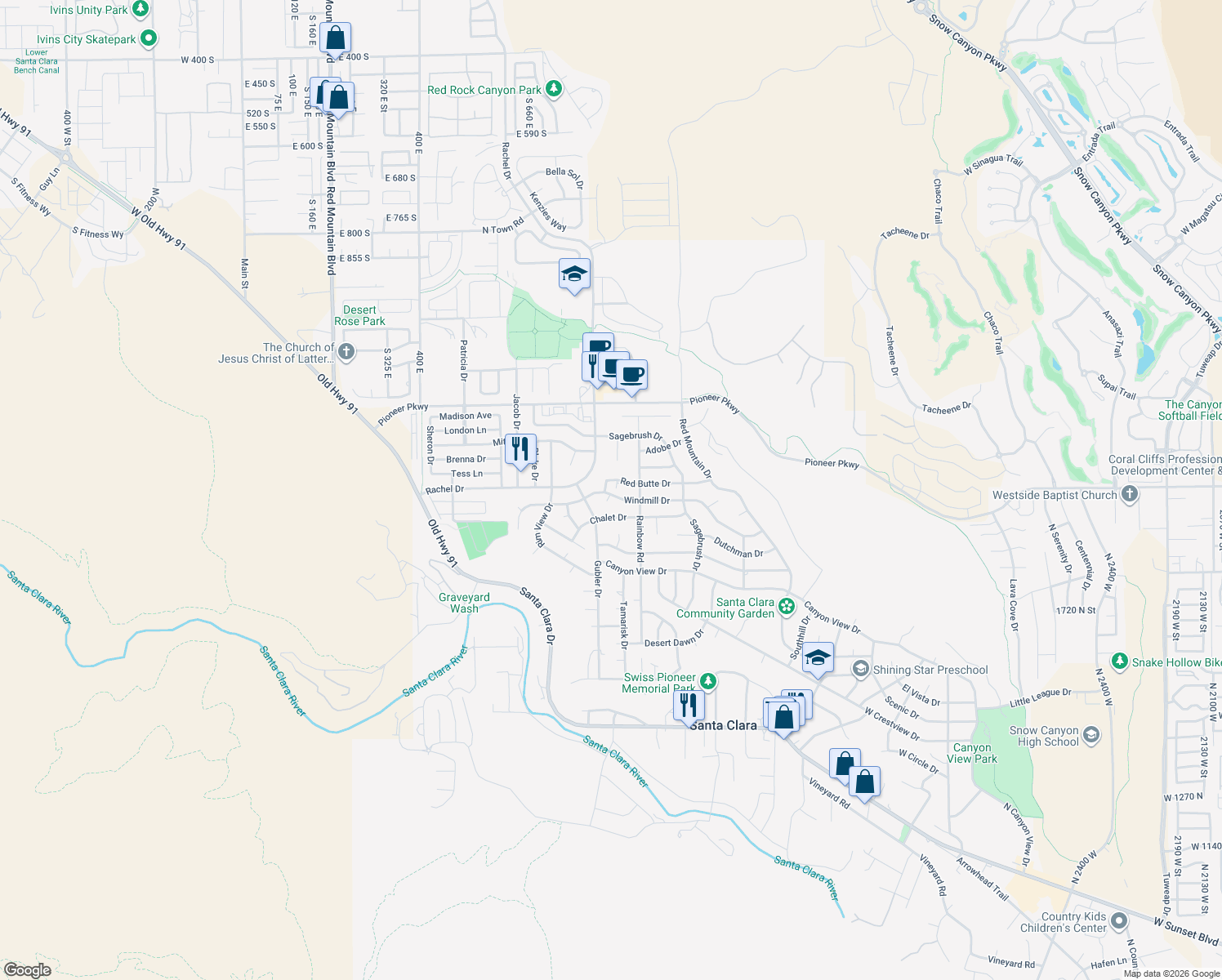 map of restaurants, bars, coffee shops, grocery stores, and more near 3580 Windmill Drive in Santa Clara
