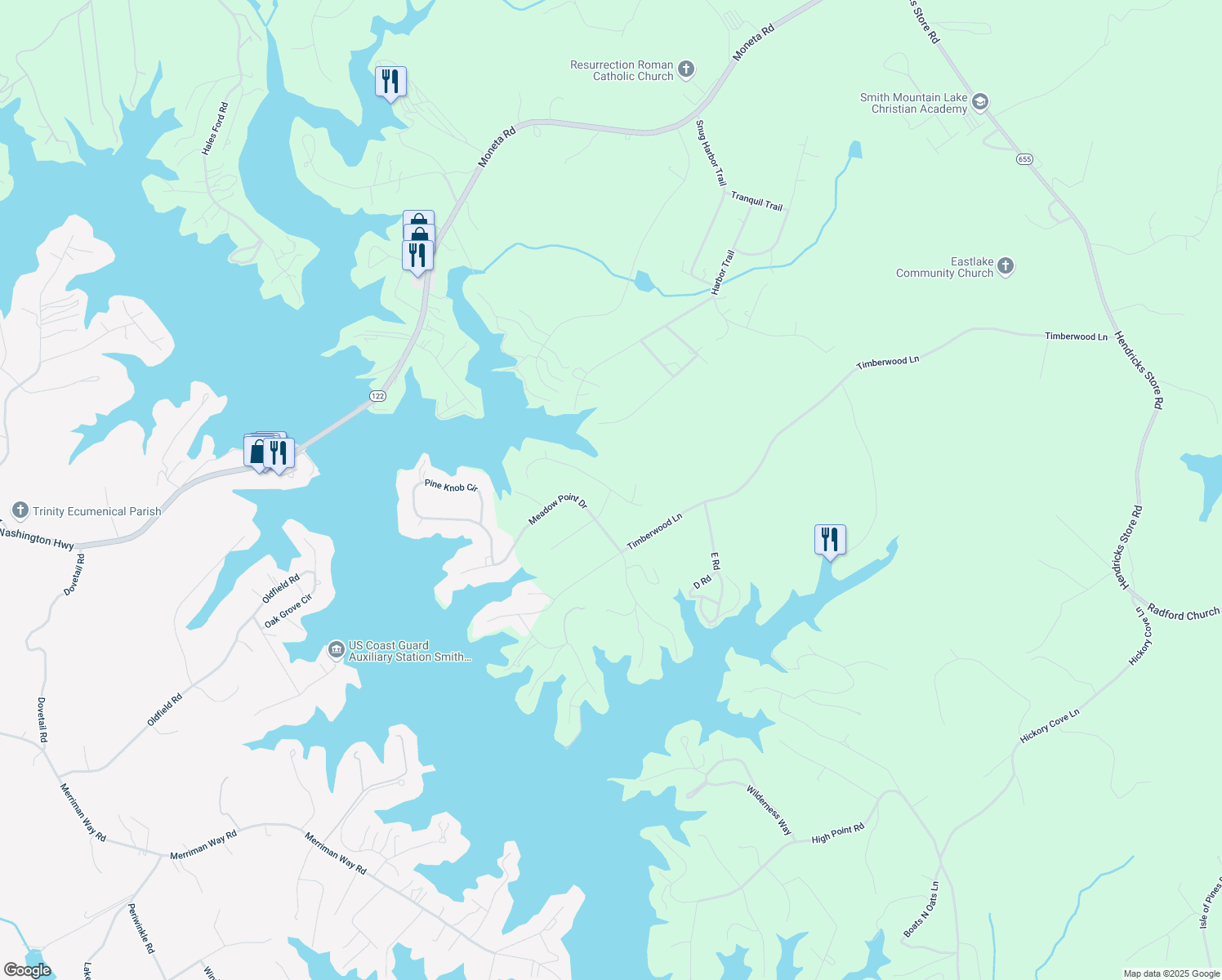 map of restaurants, bars, coffee shops, grocery stores, and more near 200 Oak Hollow Road in Moneta