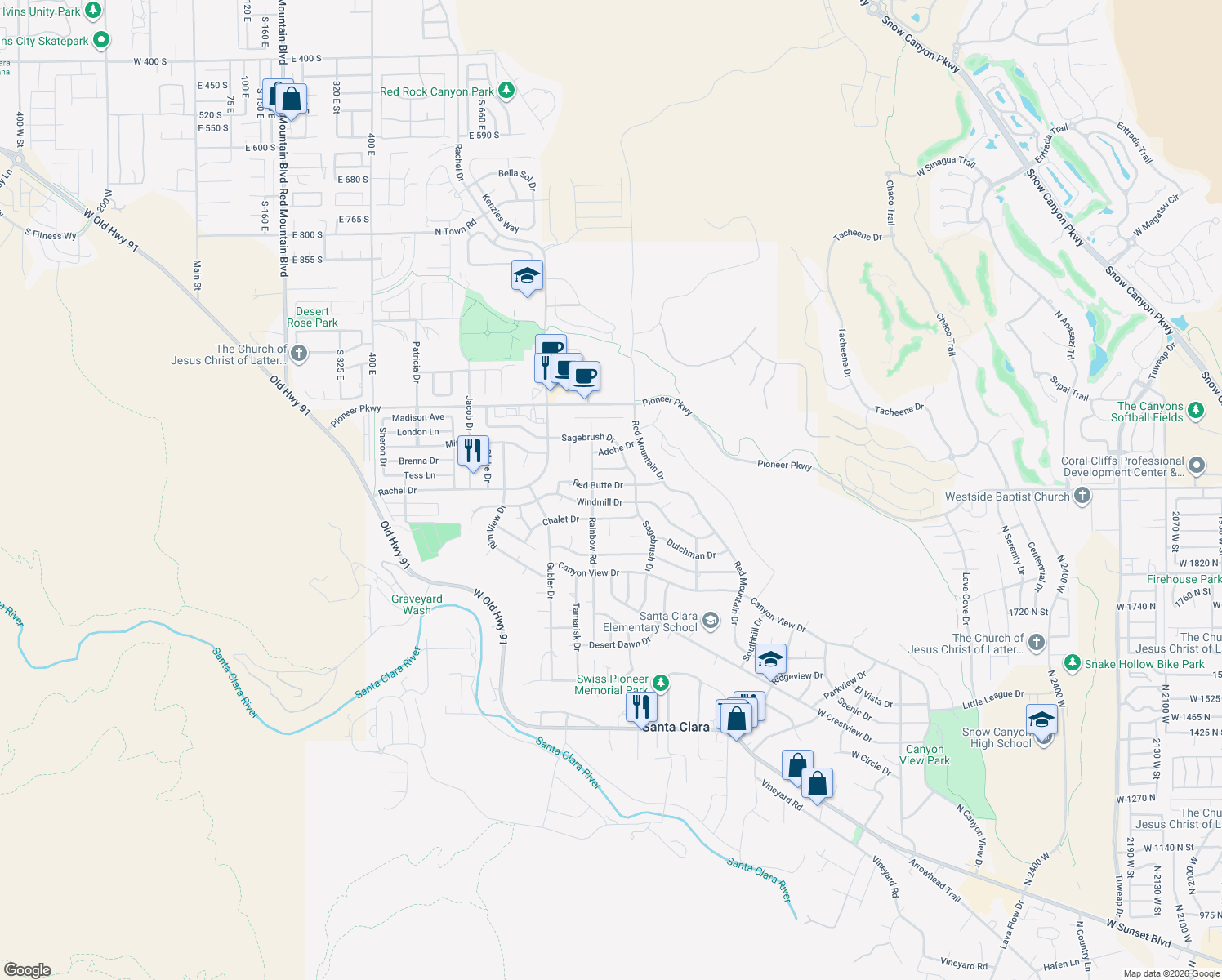 map of restaurants, bars, coffee shops, grocery stores, and more near 3475 Red Butte Drive in Santa Clara