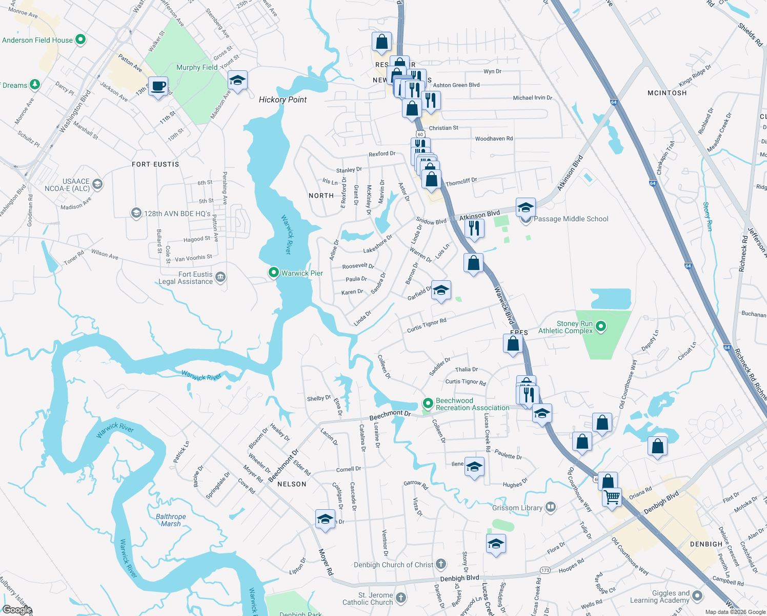 map of restaurants, bars, coffee shops, grocery stores, and more near 55 Linda Drive in Newport News