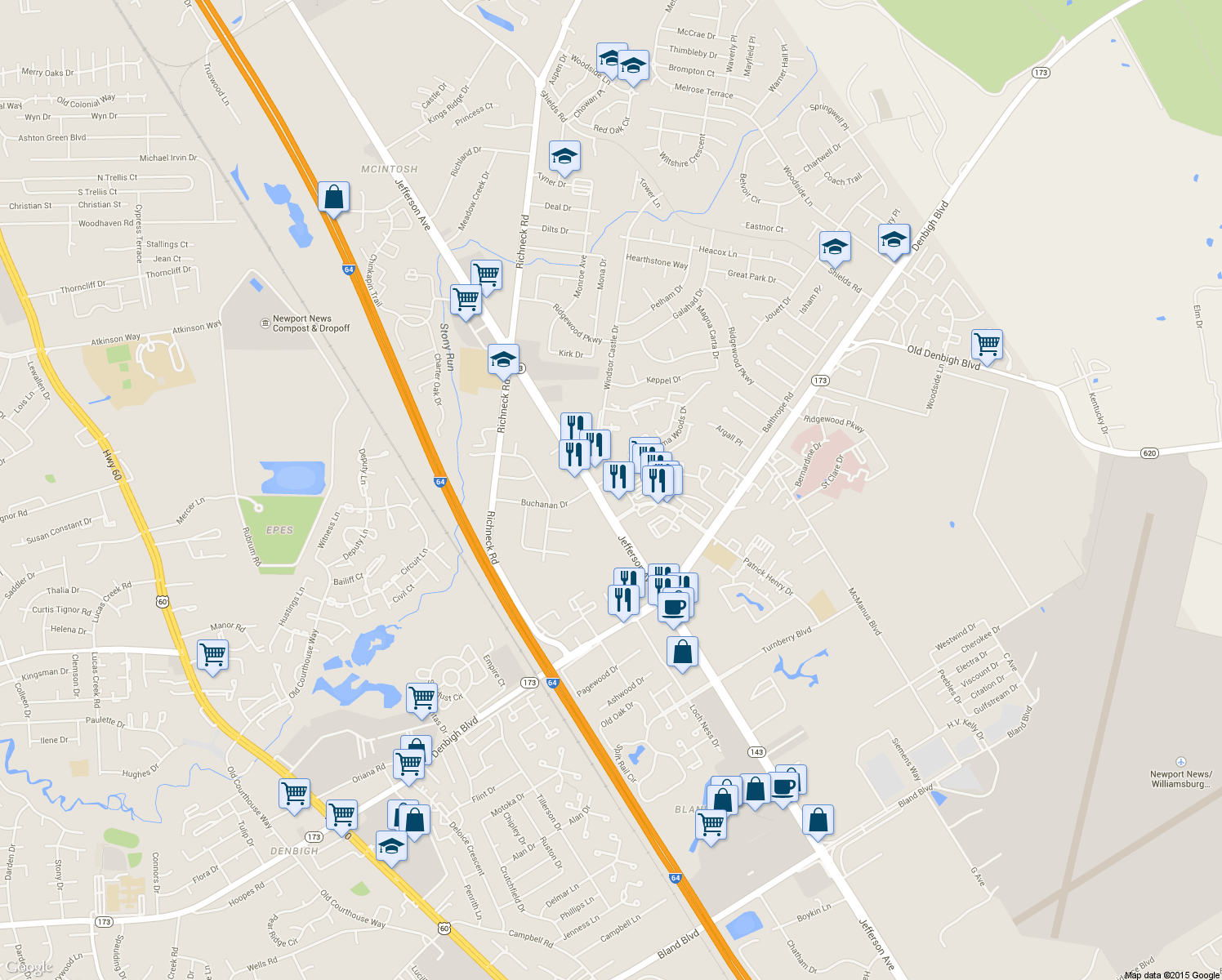 map of restaurants, bars, coffee shops, grocery stores, and more near 12834 Jefferson Avenue in Newport News