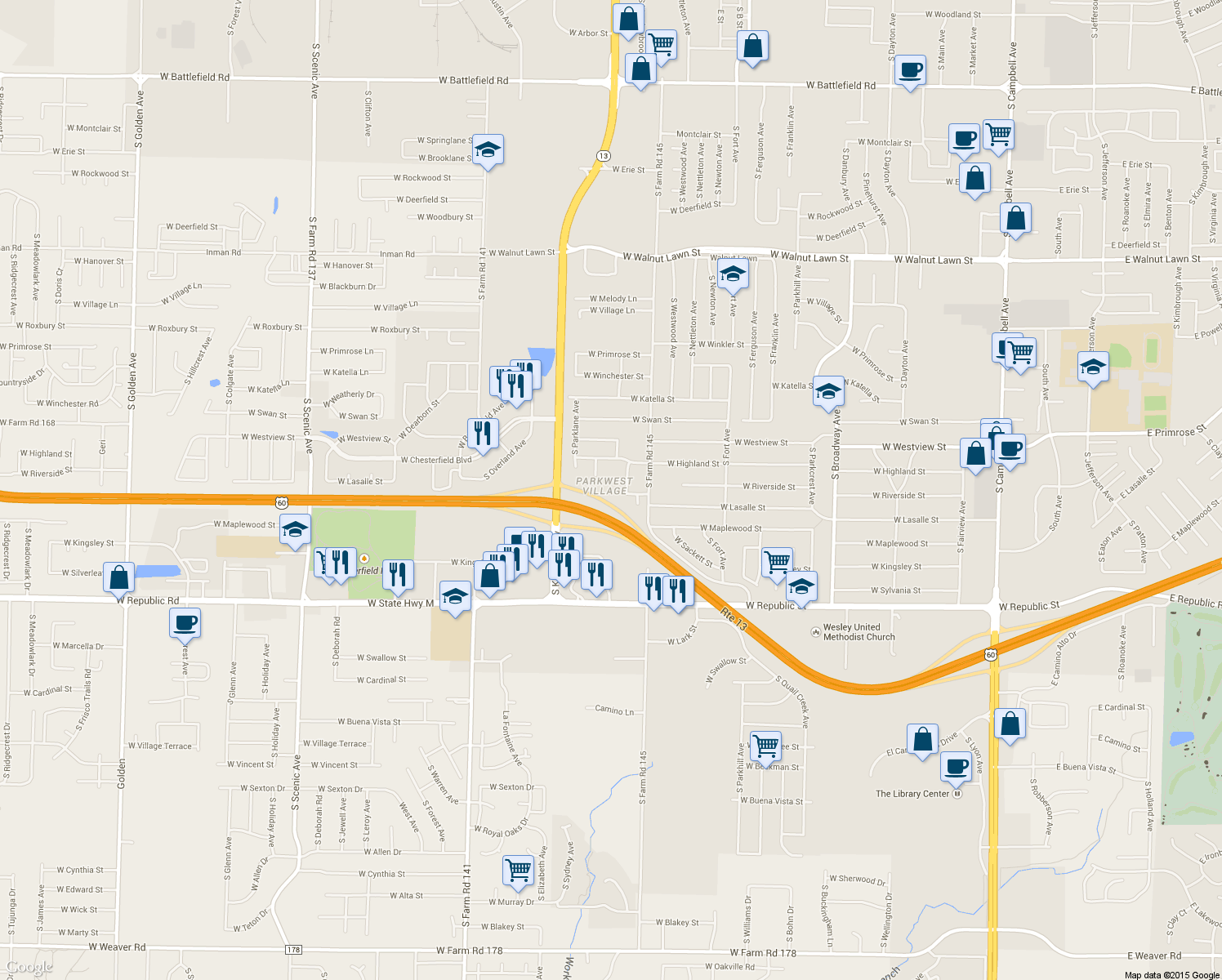 map of restaurants, bars, coffee shops, grocery stores, and more near 1652 West Riverside Street in Springfield