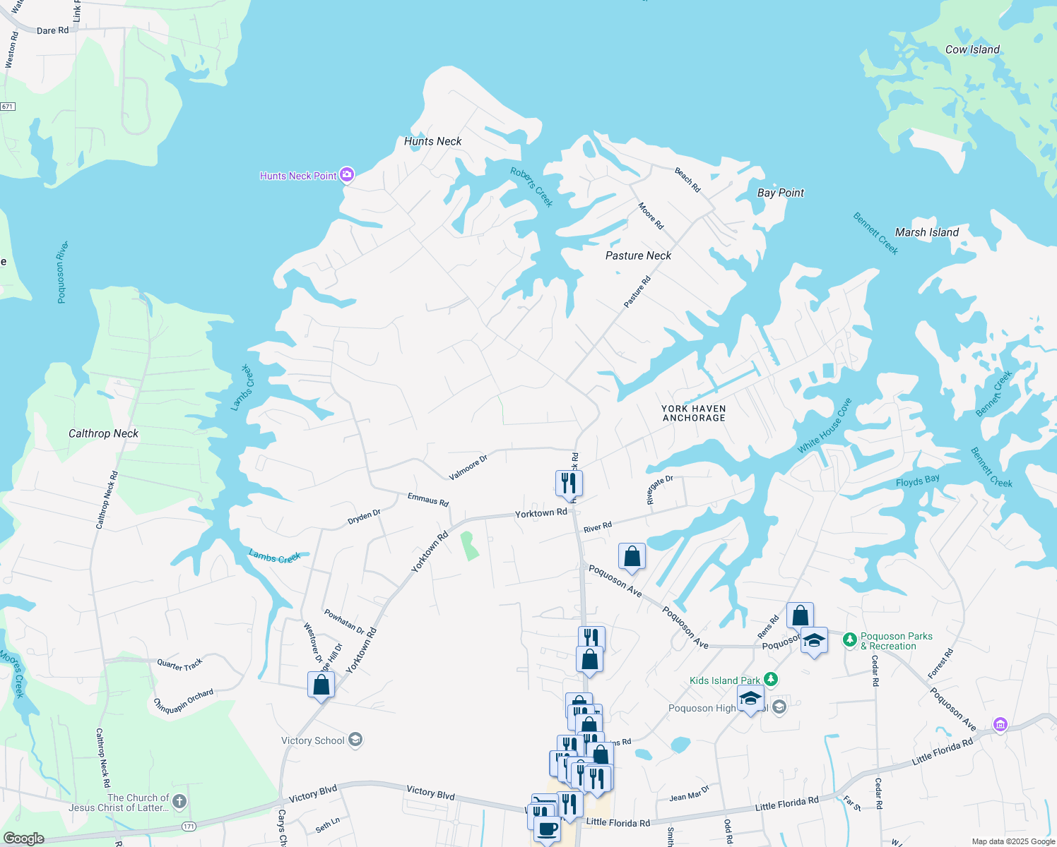 map of restaurants, bars, coffee shops, grocery stores, and more near 15 Trotters Bridge Drive in Poquoson